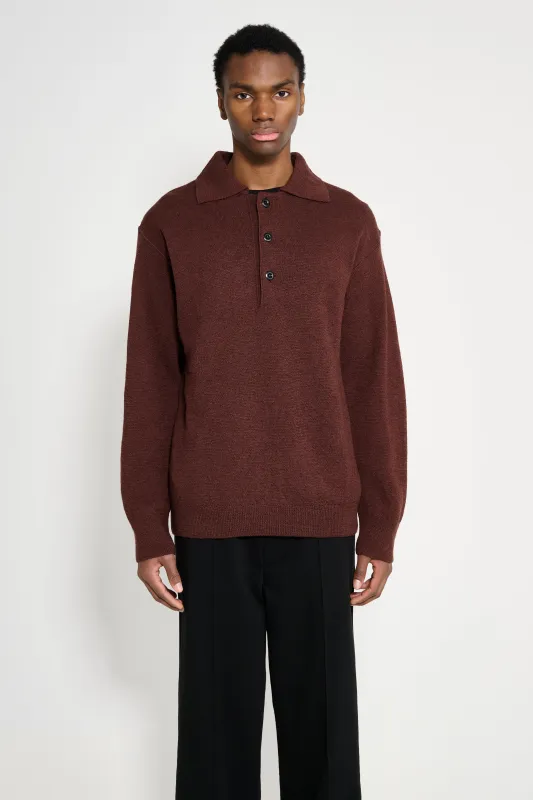 Margaret Howell MHL Oversized Knitted Polo Dry Wool Dark Brown sold by Tres Bien