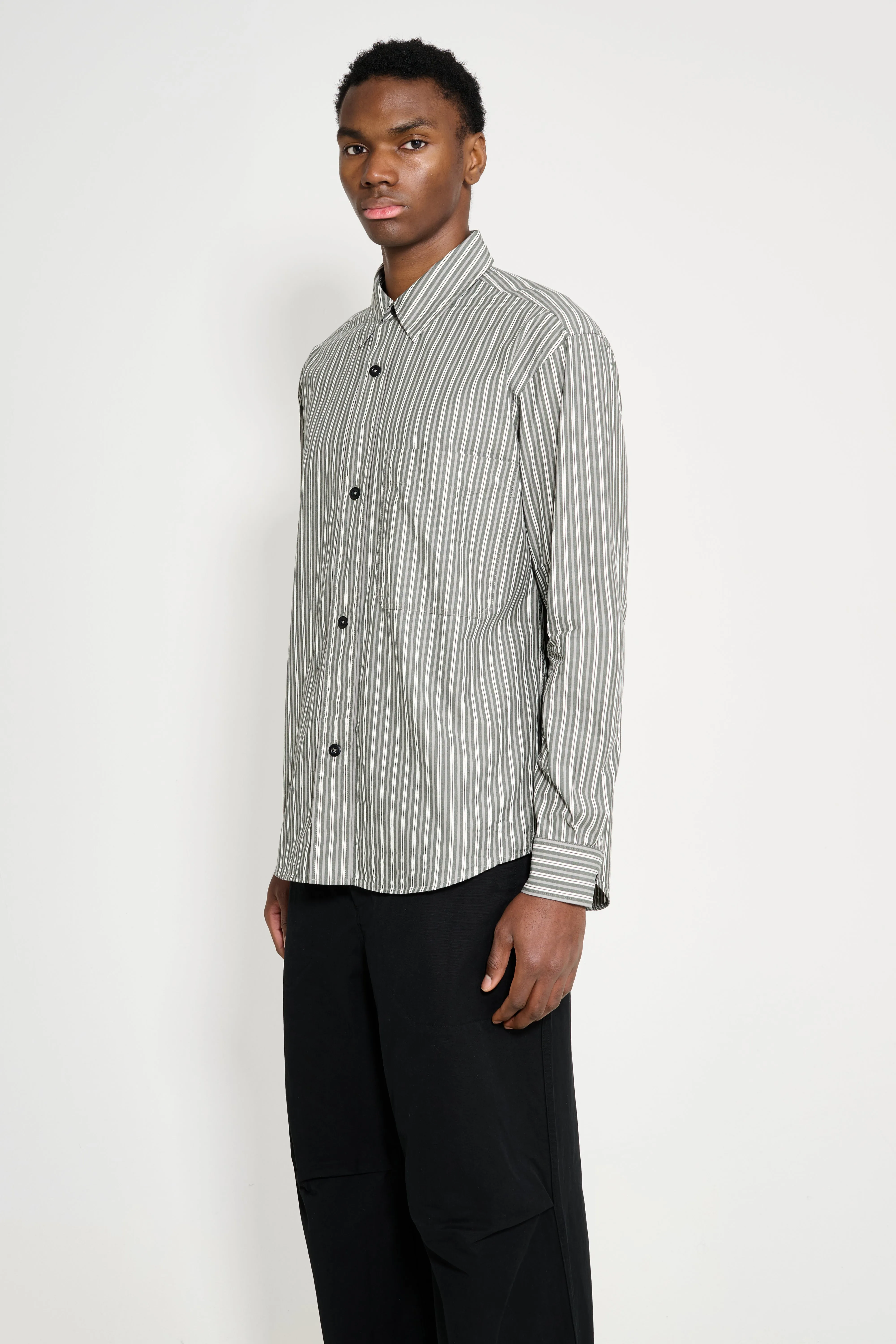 Margaret Howell MHL Basic Shirt Two Tone Cotton Stripe Forest / Grey sold by Tres Bien product image thumbnail 2