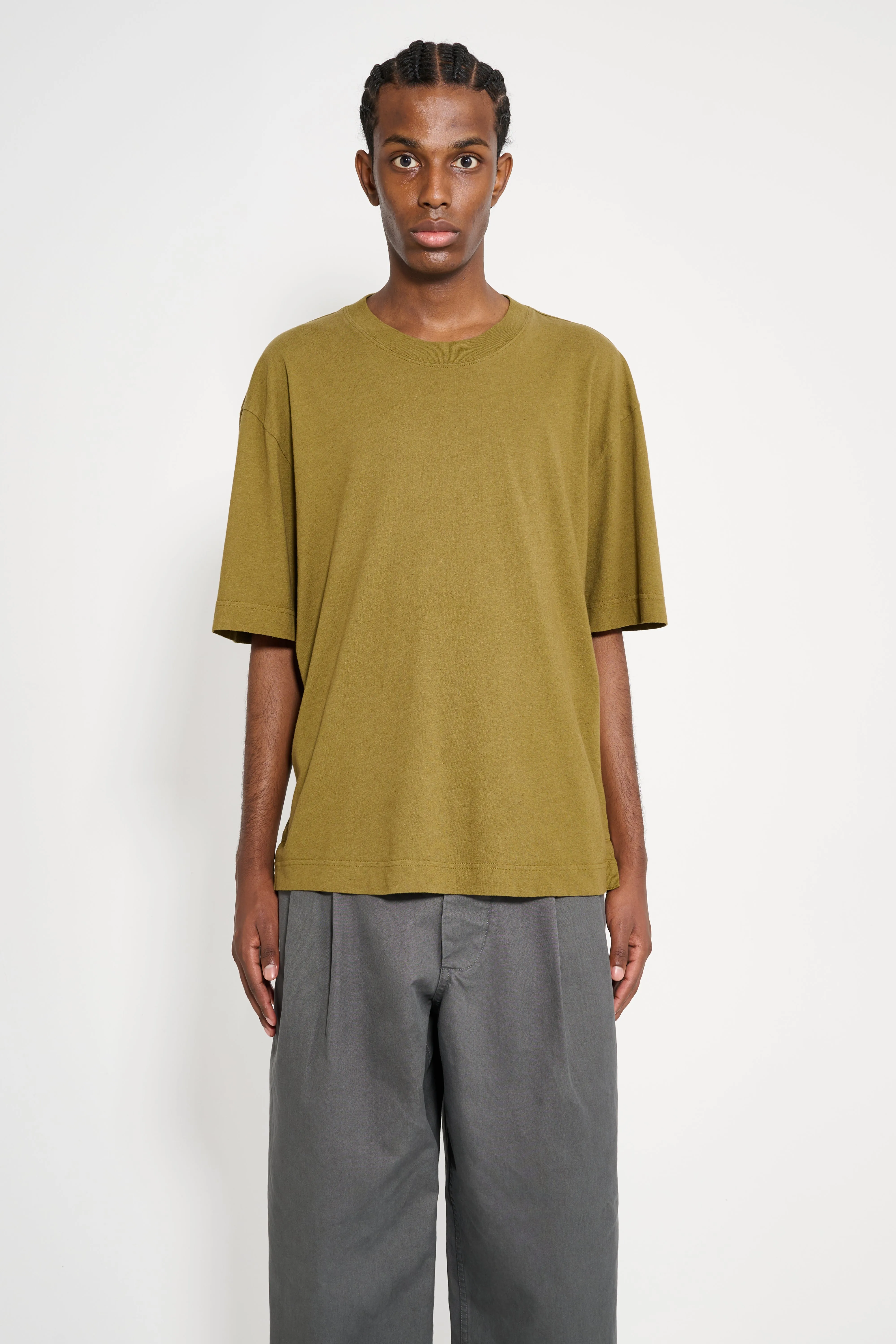 Margaret Howell MHL Simple T-shirt Organic Cotton Linen Jersey Moss sold by Tres Bien