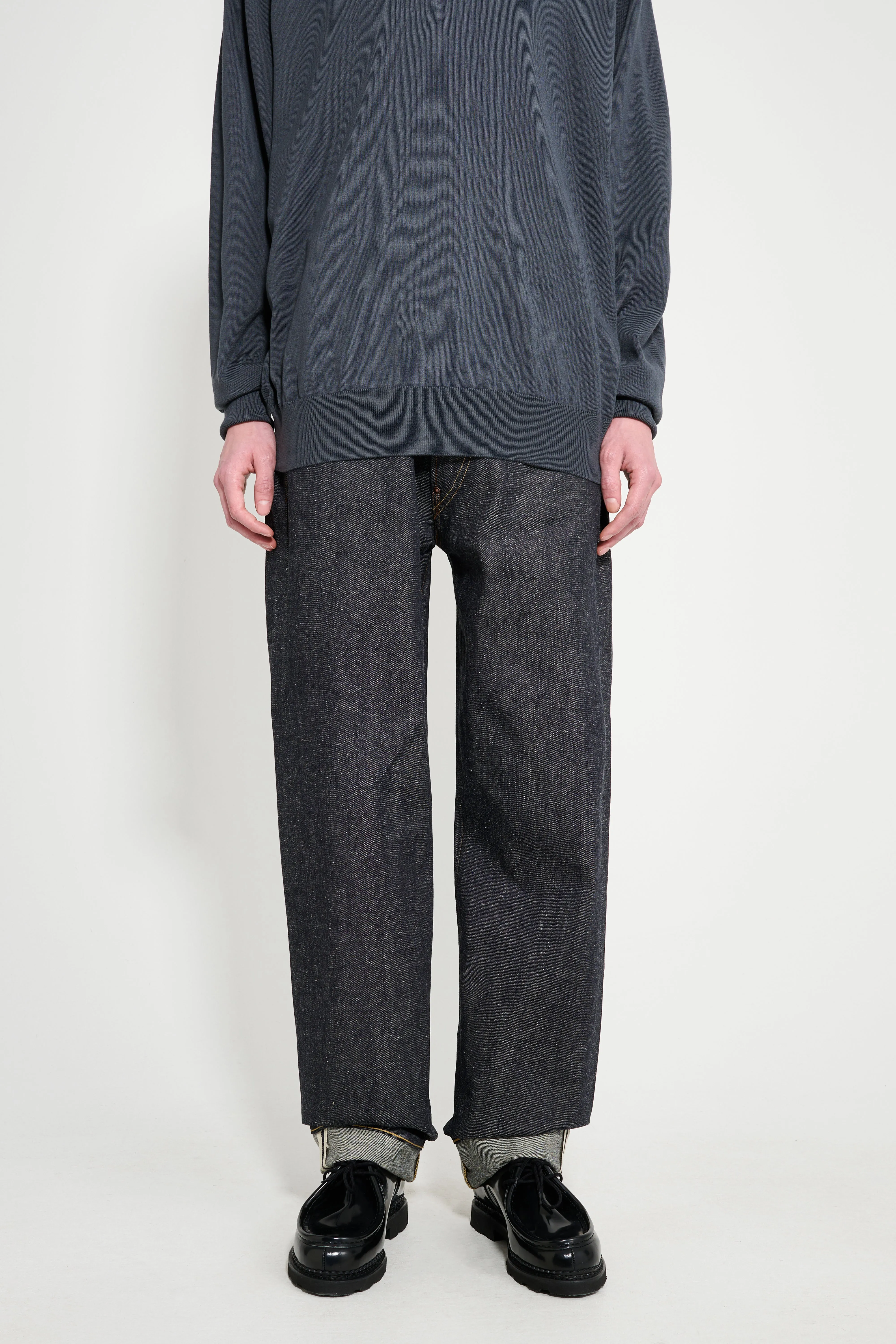Taiga Takahashi Denim Trousers Raw Indigo sold by Tres Bien