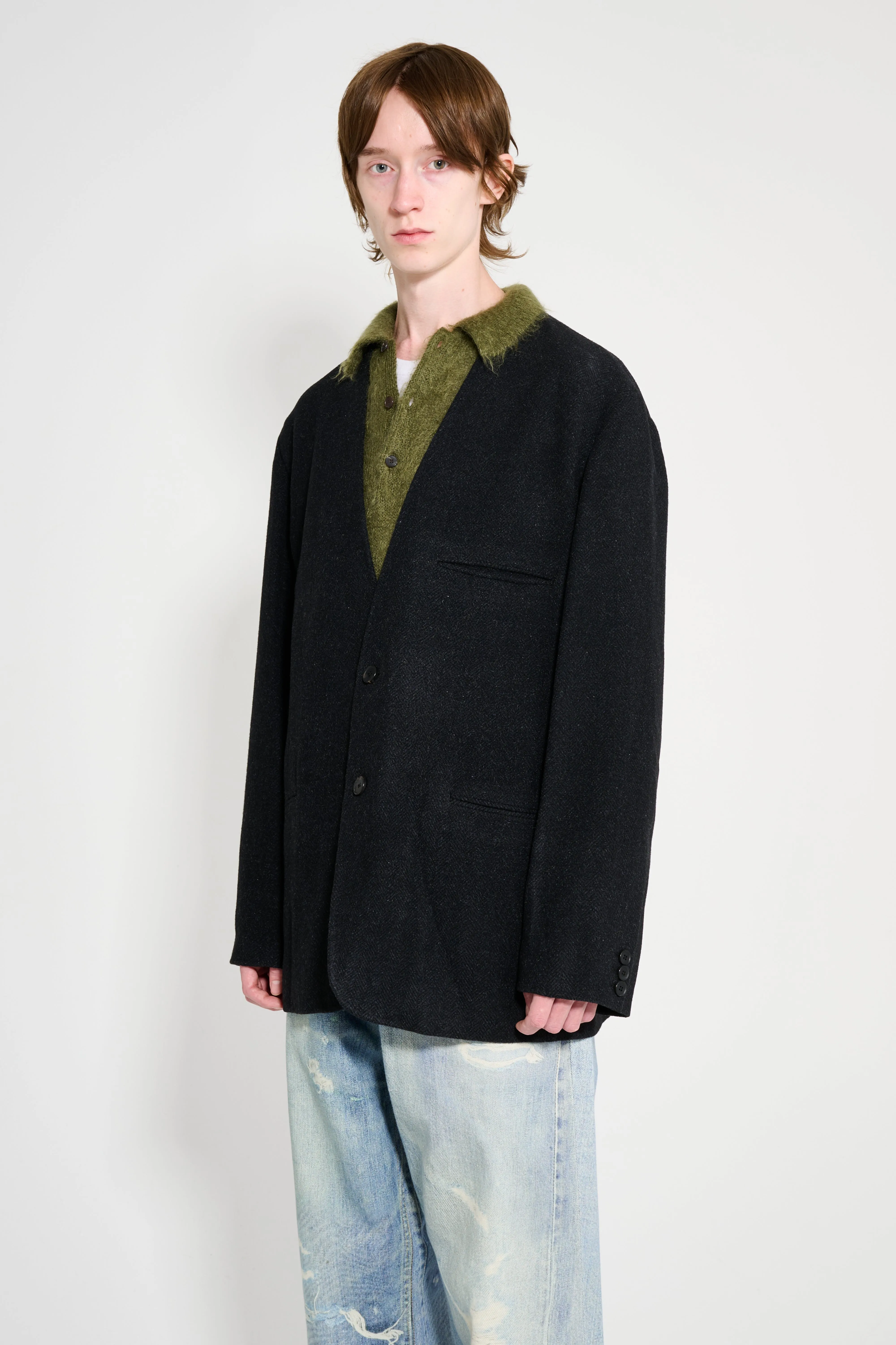 A.PRESSE Silk Cashmere Tweed Collarless Jacket Charcoal sold by Tres Bien product image thumbnail 2