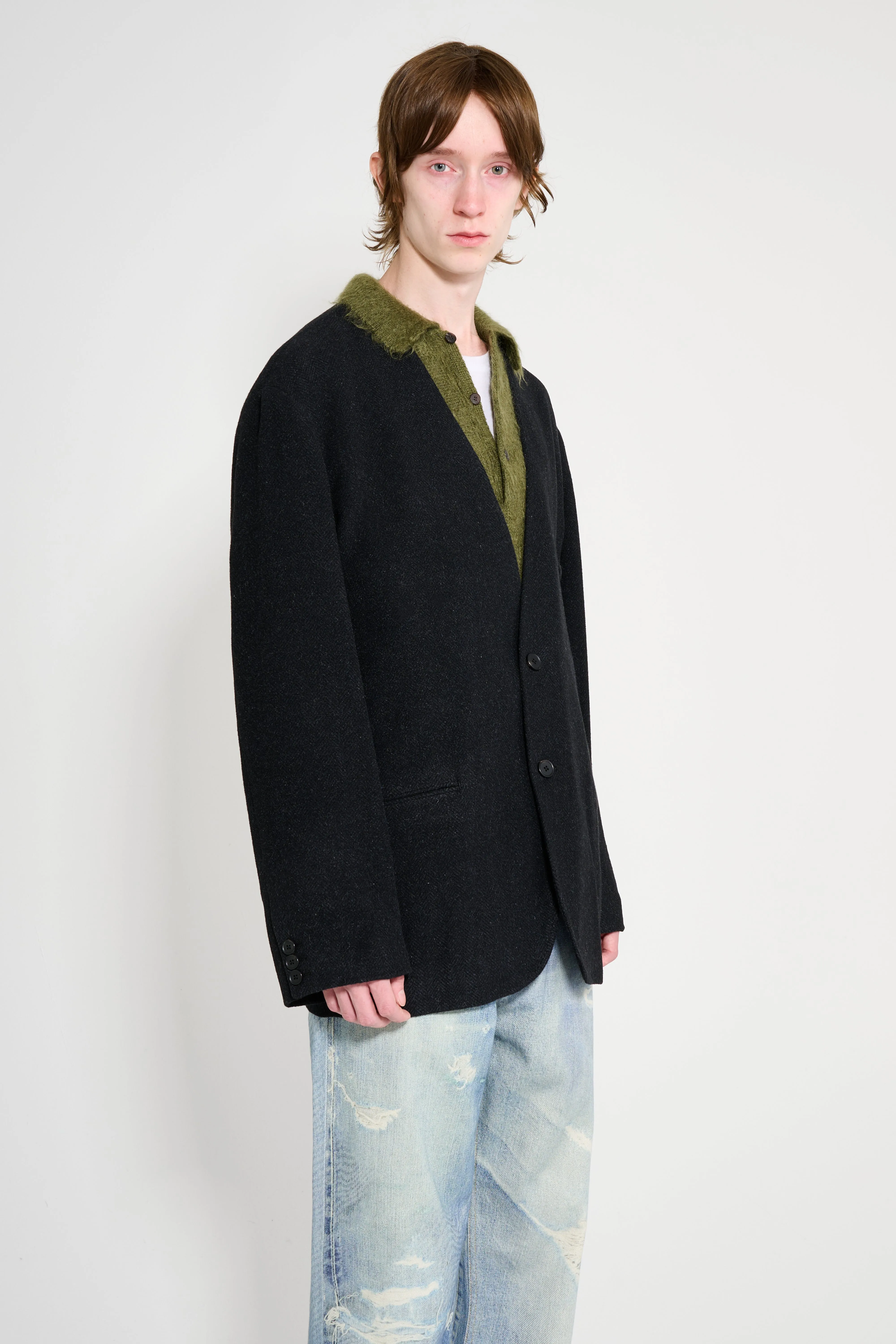 A.PRESSE Silk Cashmere Tweed Collarless Jacket Charcoal sold by Tres Bien product image thumbnail 4
