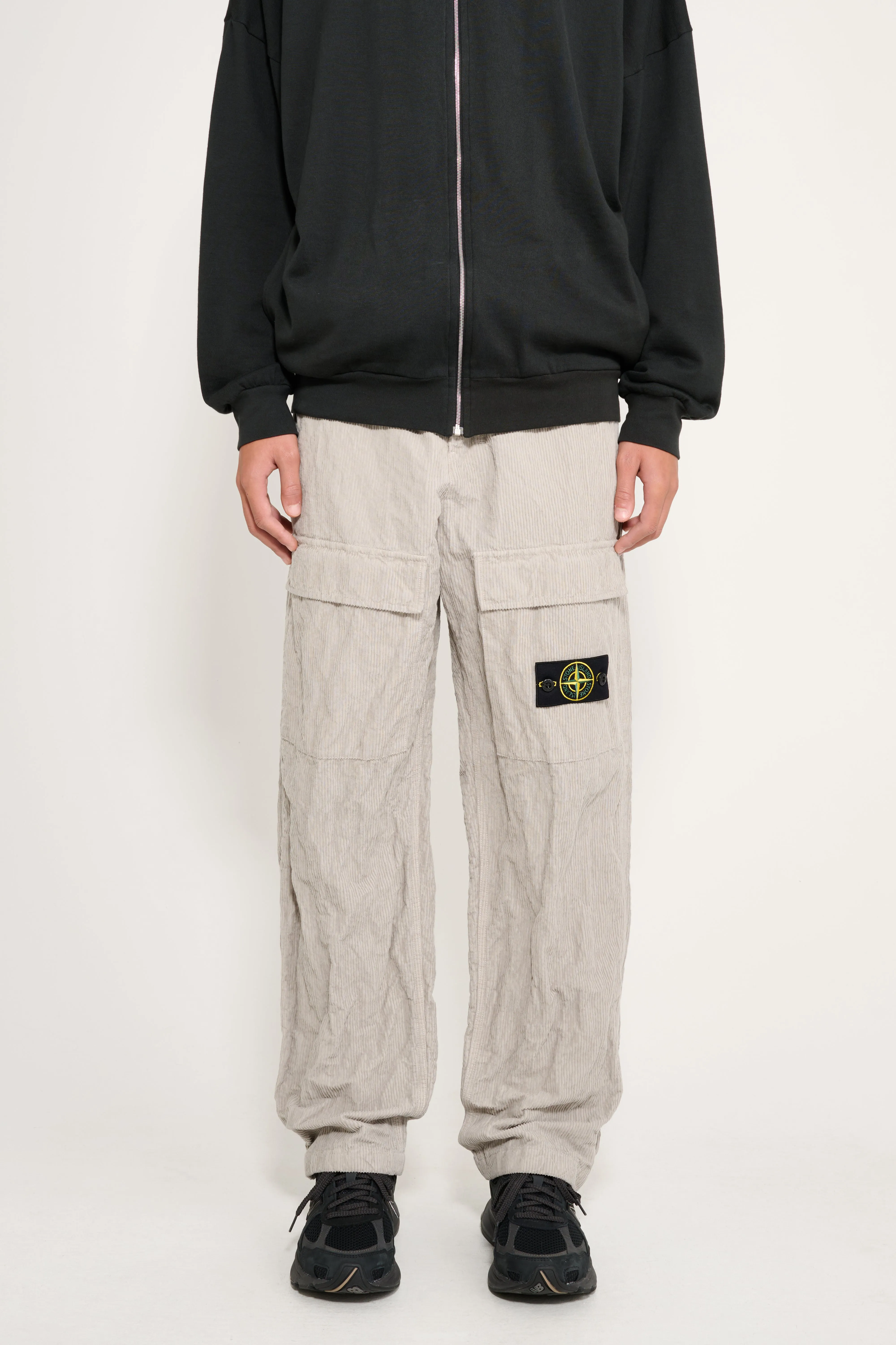 Stone Island Wrinkled Corduroy 500-TC Cargo Trousers Pearl Grey sold by Tres Bien