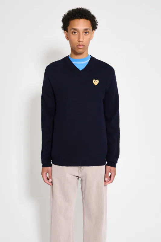 Comme des Garçons Play Small Heart Knitted V-Neck Pullover Navy sold by Tres Bien