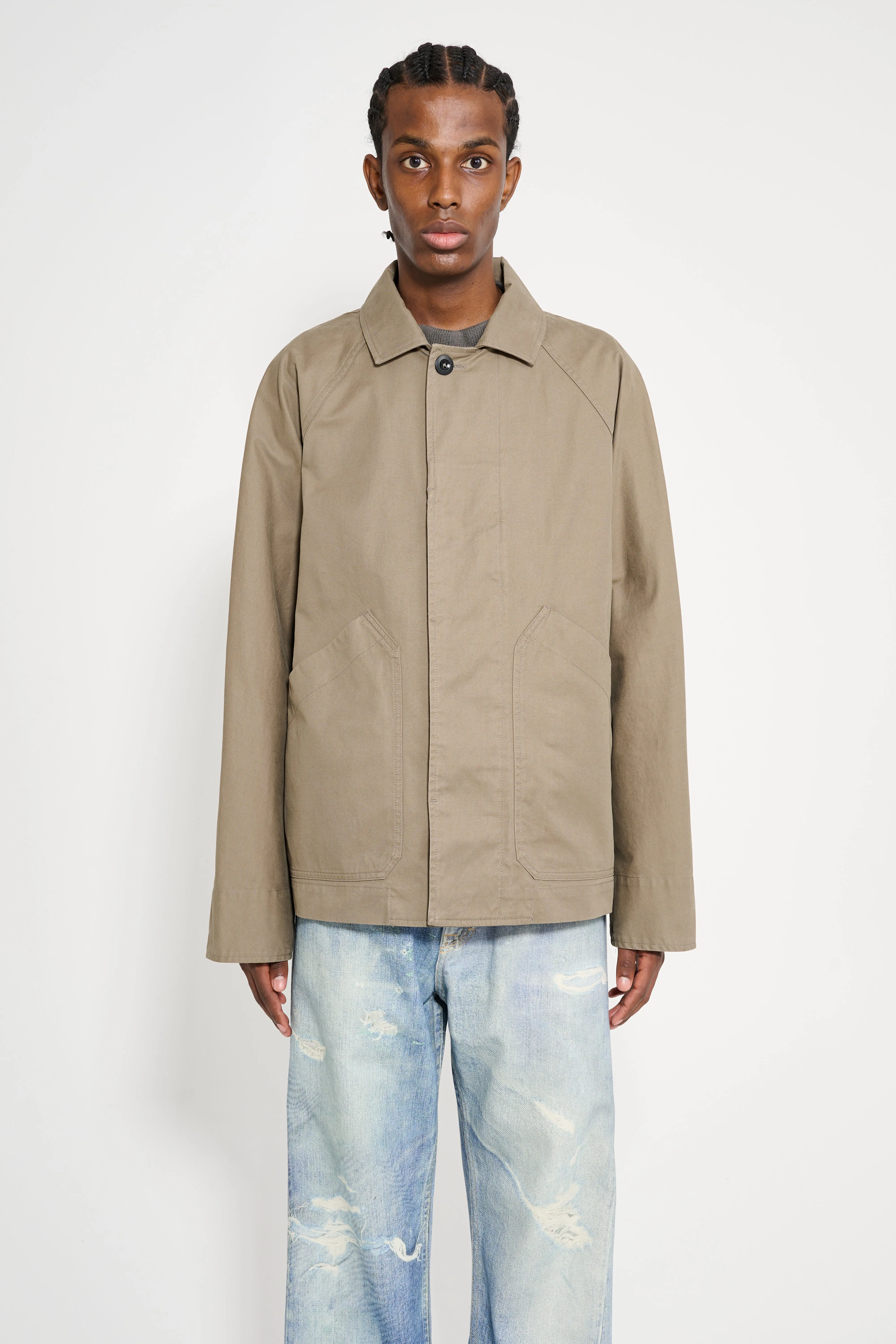 Margaret Howell MHL Raglan Jacket Plain Cotton Drill Taupe sold by Tres Bien