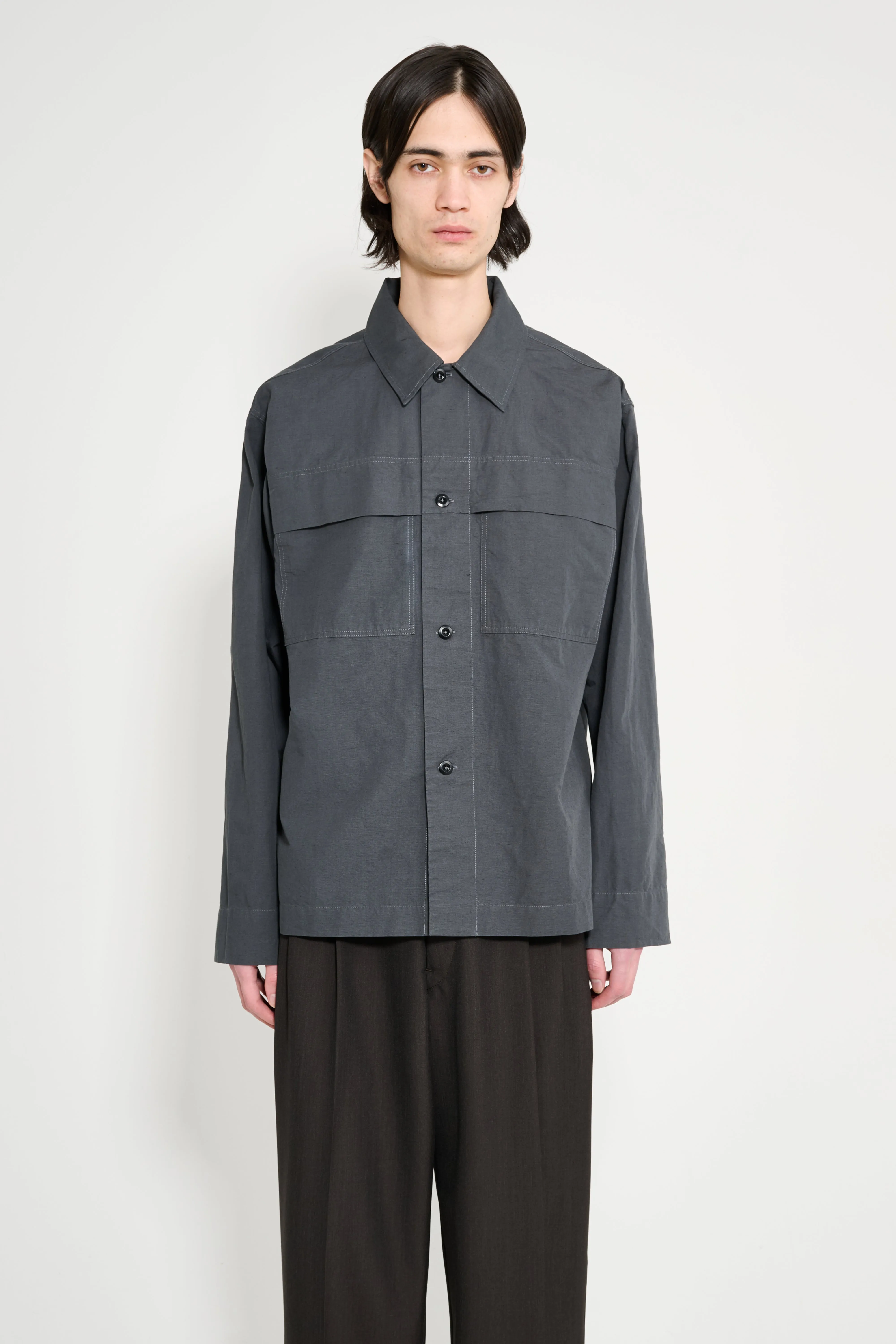 Margaret Howell MHL Storm Flap Shirt Dry Cotton Linen Carbon sold by Tres Bien
