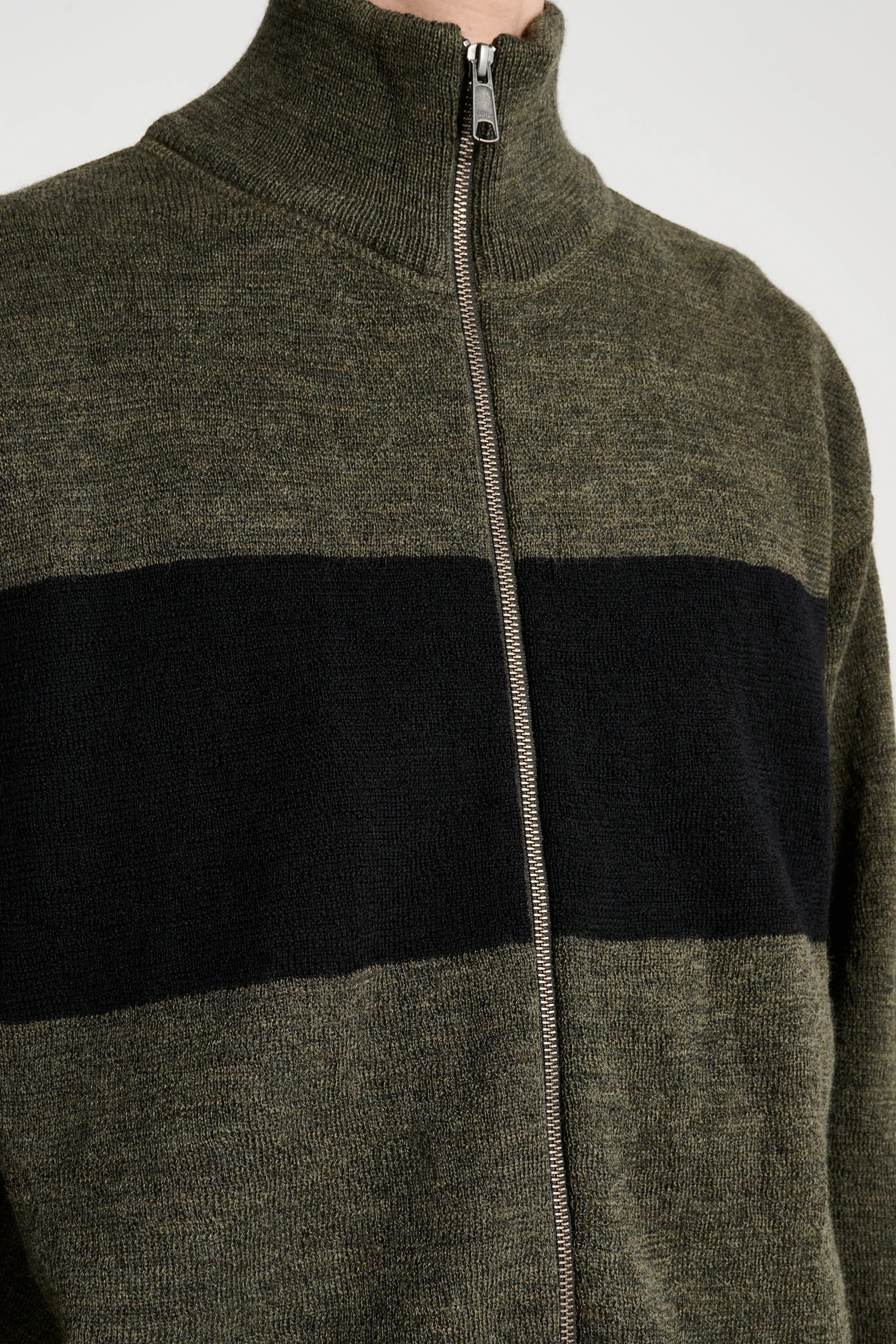 Margaret Howell MHL Stripe Zip Through Dry Wool Olive / Black sold by Tres Bien product image thumbnail 5