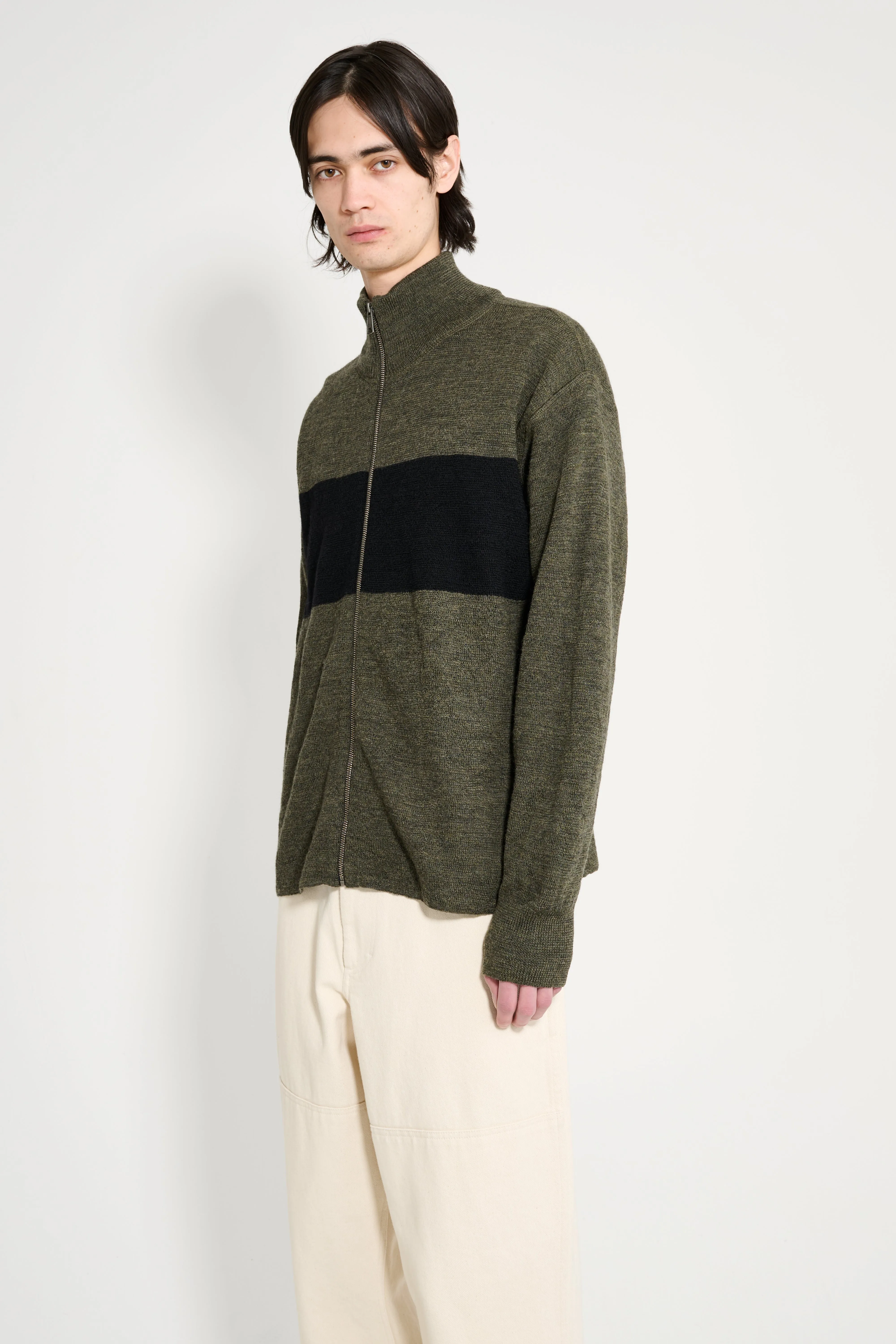 Margaret Howell MHL Stripe Zip Through Dry Wool Olive / Black sold by Tres Bien product image thumbnail 2