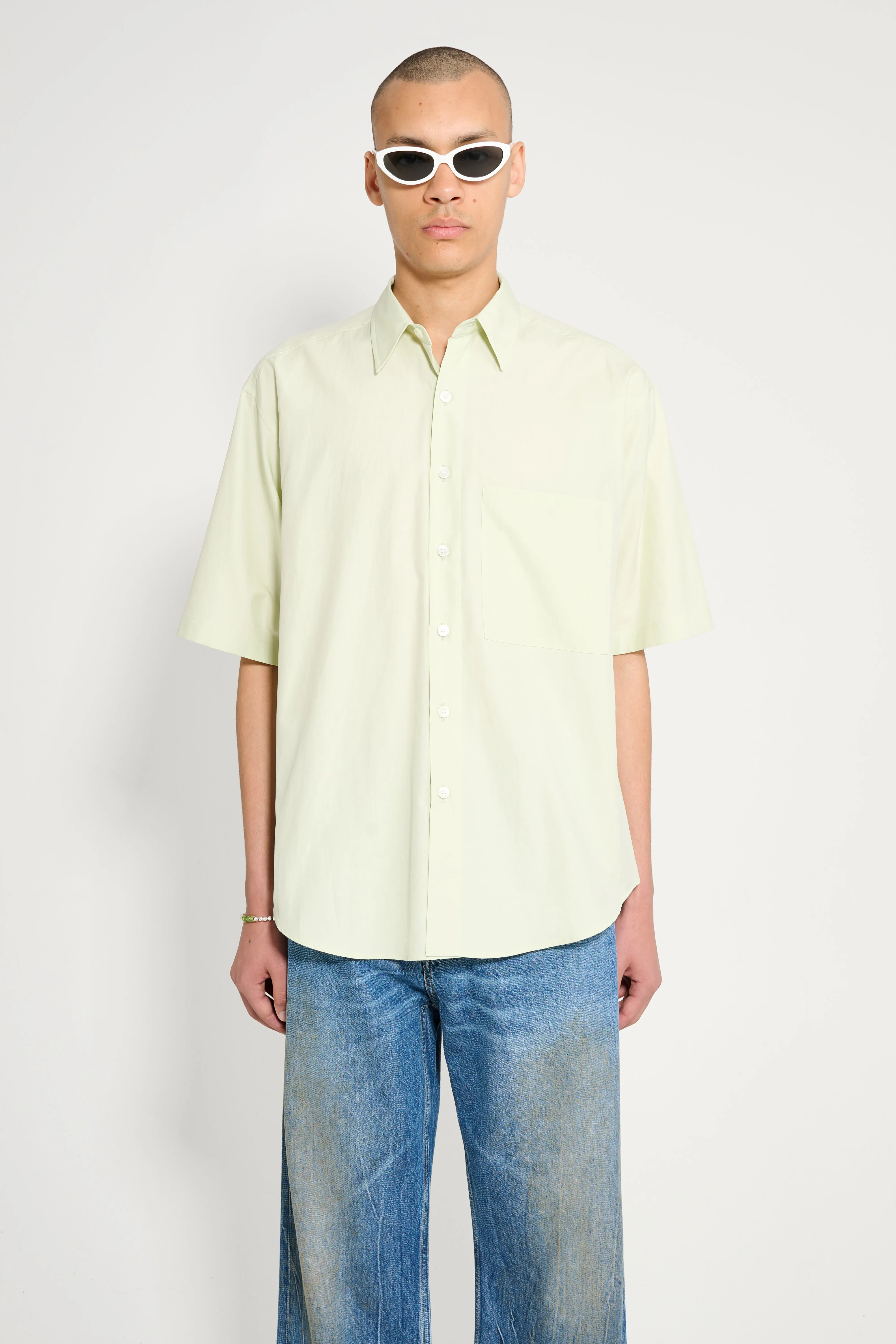 Auralee Washed Finx Twill Big Half Sleeved Shirt Light Green sold by Tres Bien