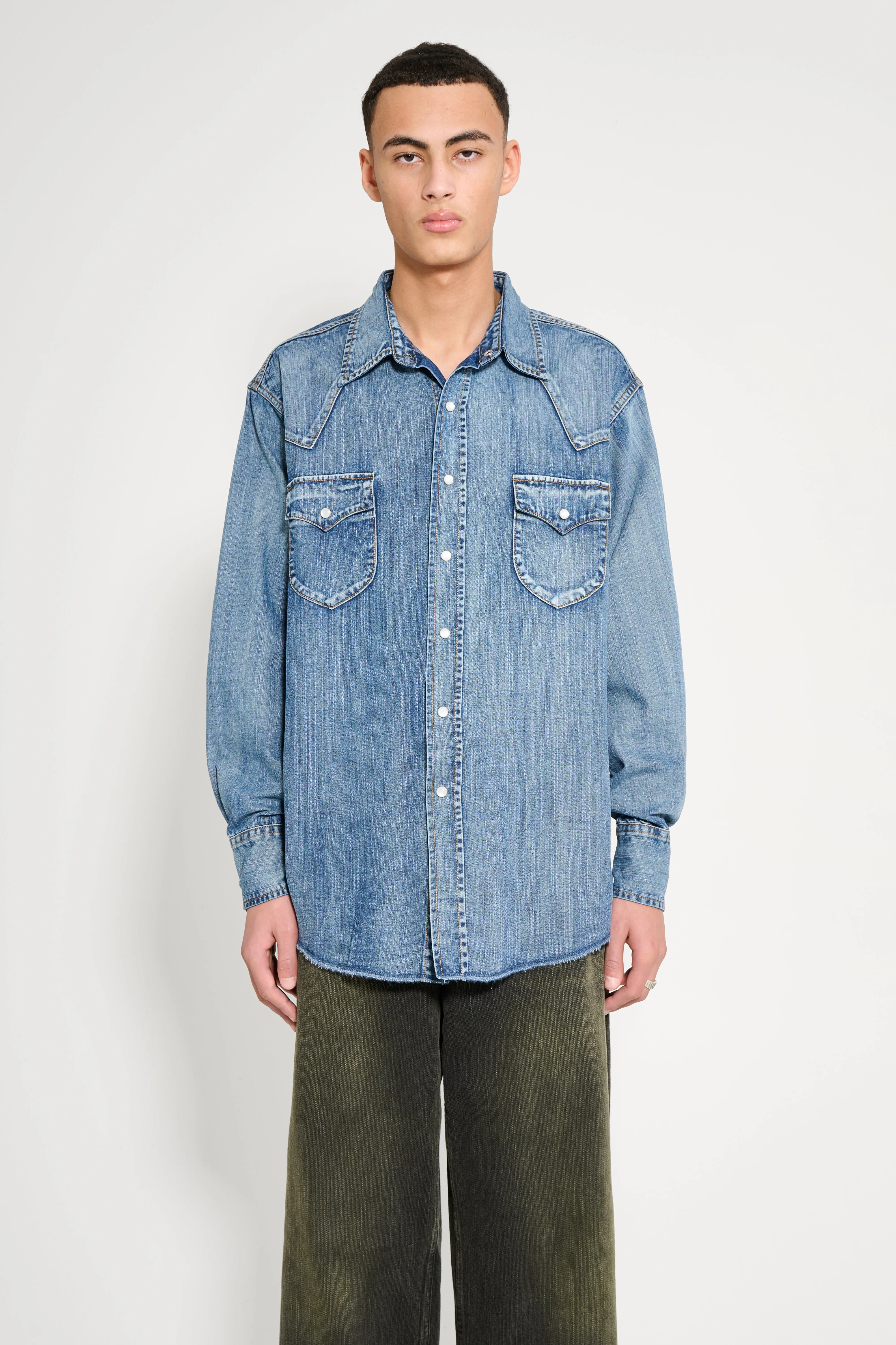 Carter Young Denim Western Shirt Mid Indigo Wash sold by Tres Bien