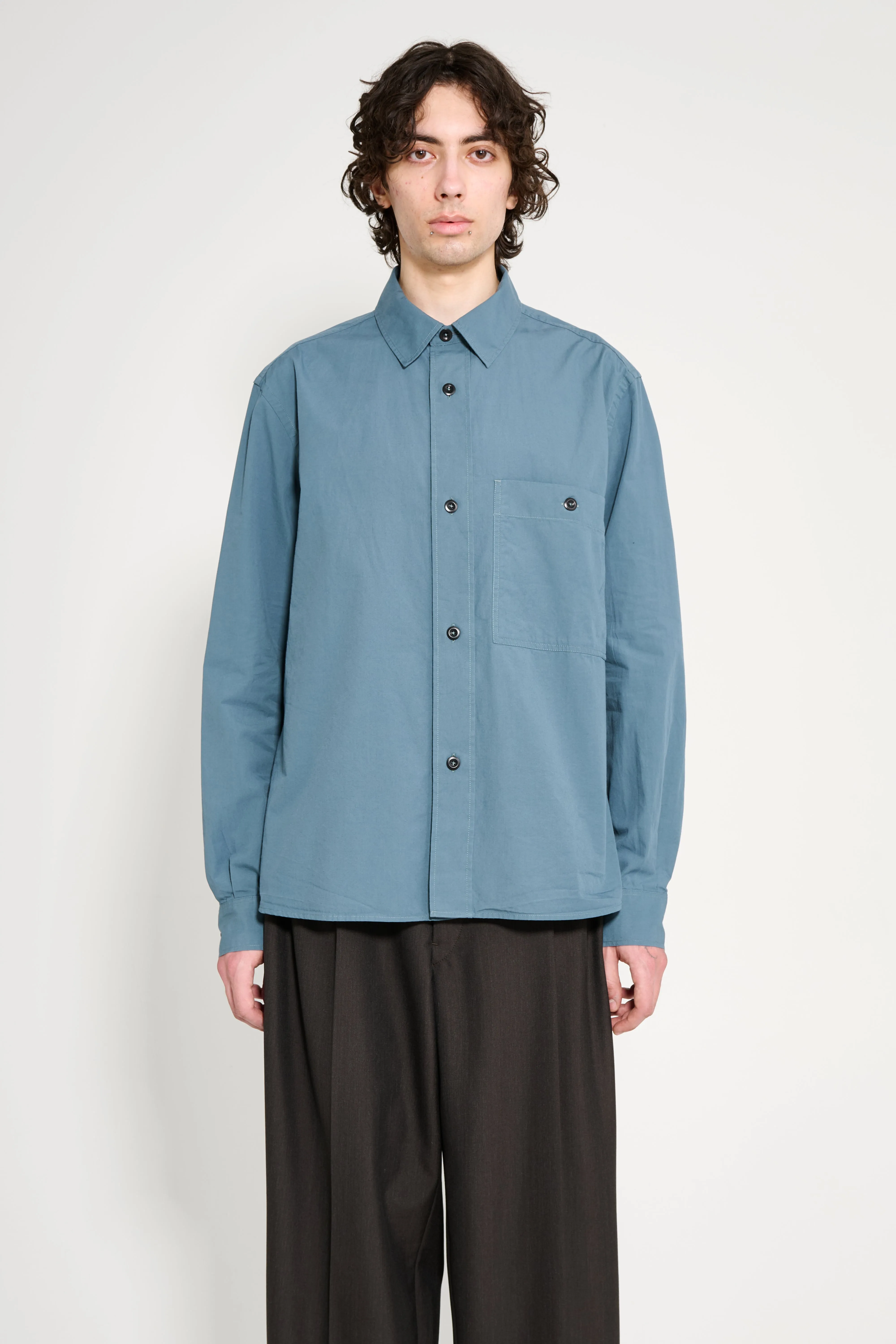 Margaret Howell MHL Overall Shirt Washed Cotton Poplin Mineral Blue sold by Tres Bien