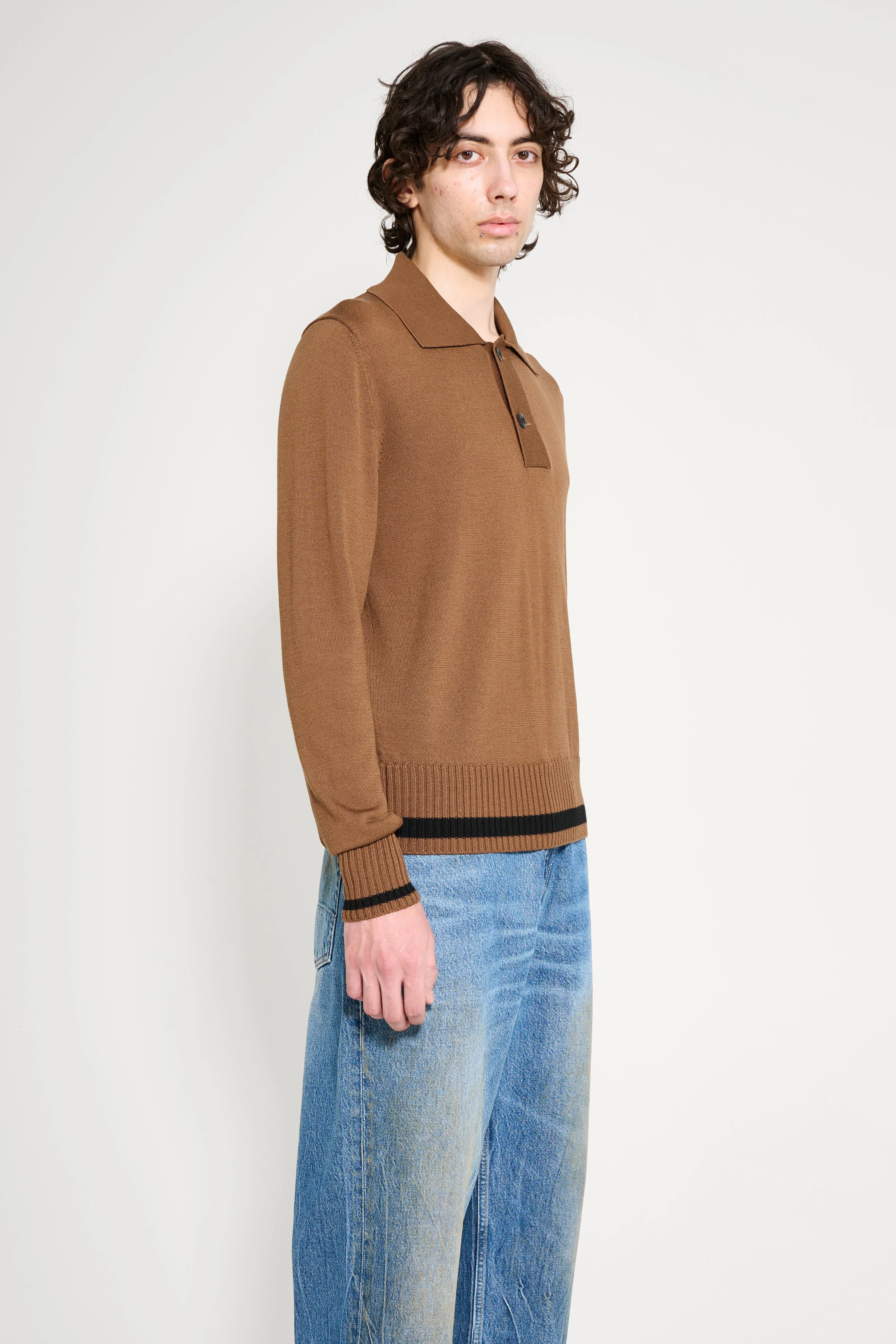 Margaret Howell Heavy Trim Polo Extrafine Merino Wool Tobacco / Black sold by Tres Bien product image thumbnail 3