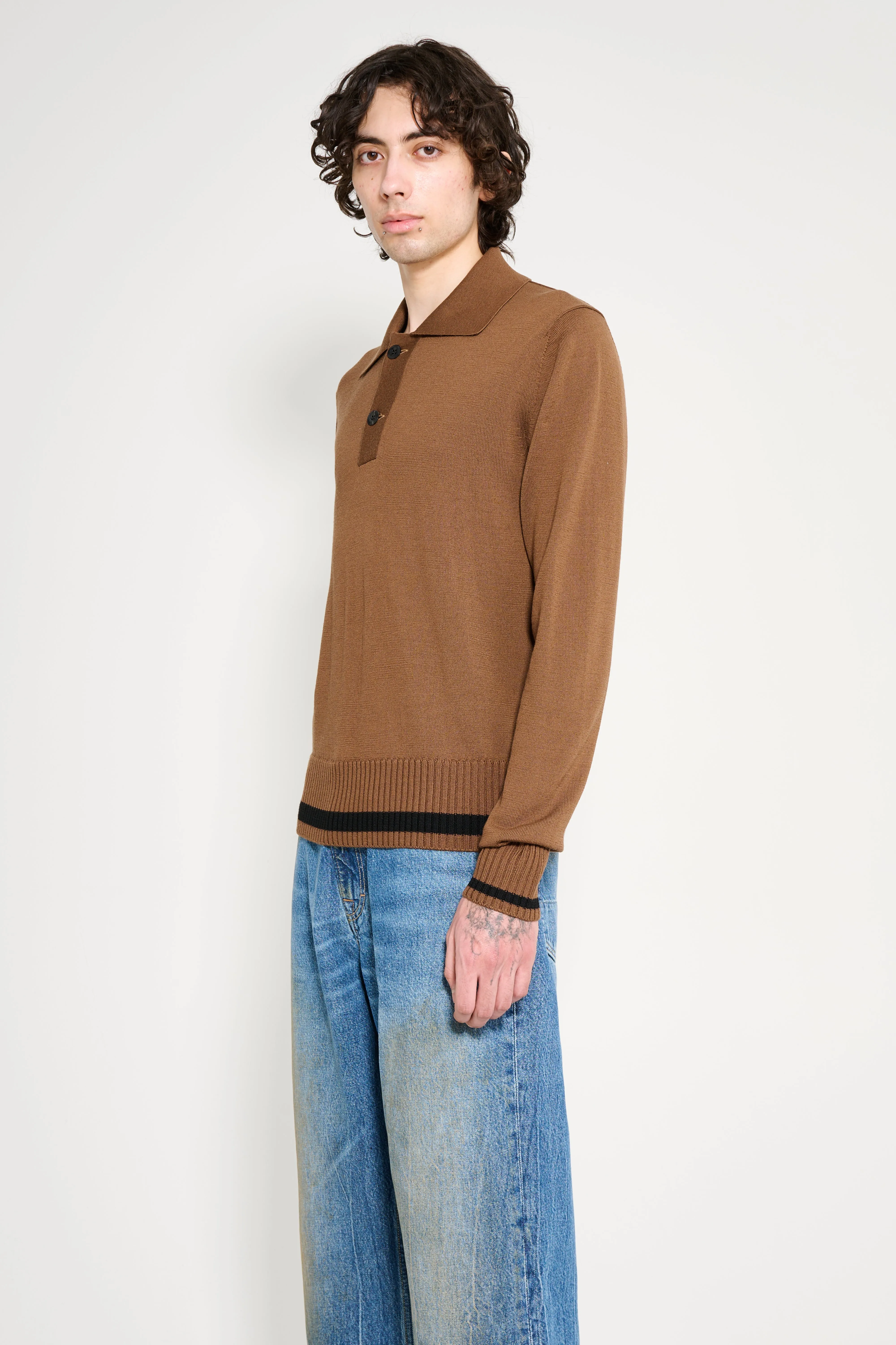 Margaret Howell Heavy Trim Polo Extrafine Merino Wool Tobacco / Black sold by Tres Bien product image thumbnail 2