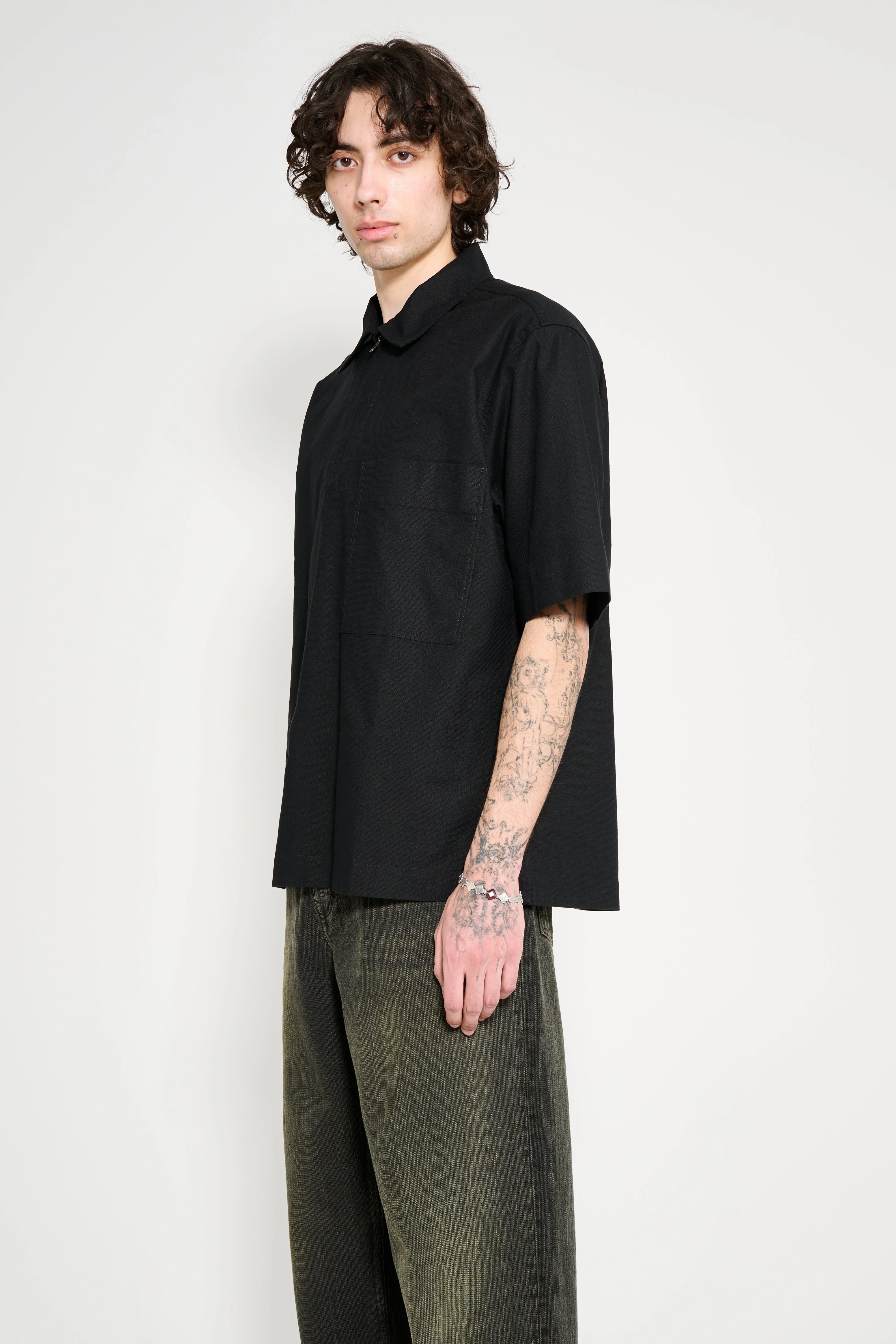 Margaret Howell MHL Half Zip Pull On Shirt Textured Cotton Black sold by Tres Bien product image thumbnail 2