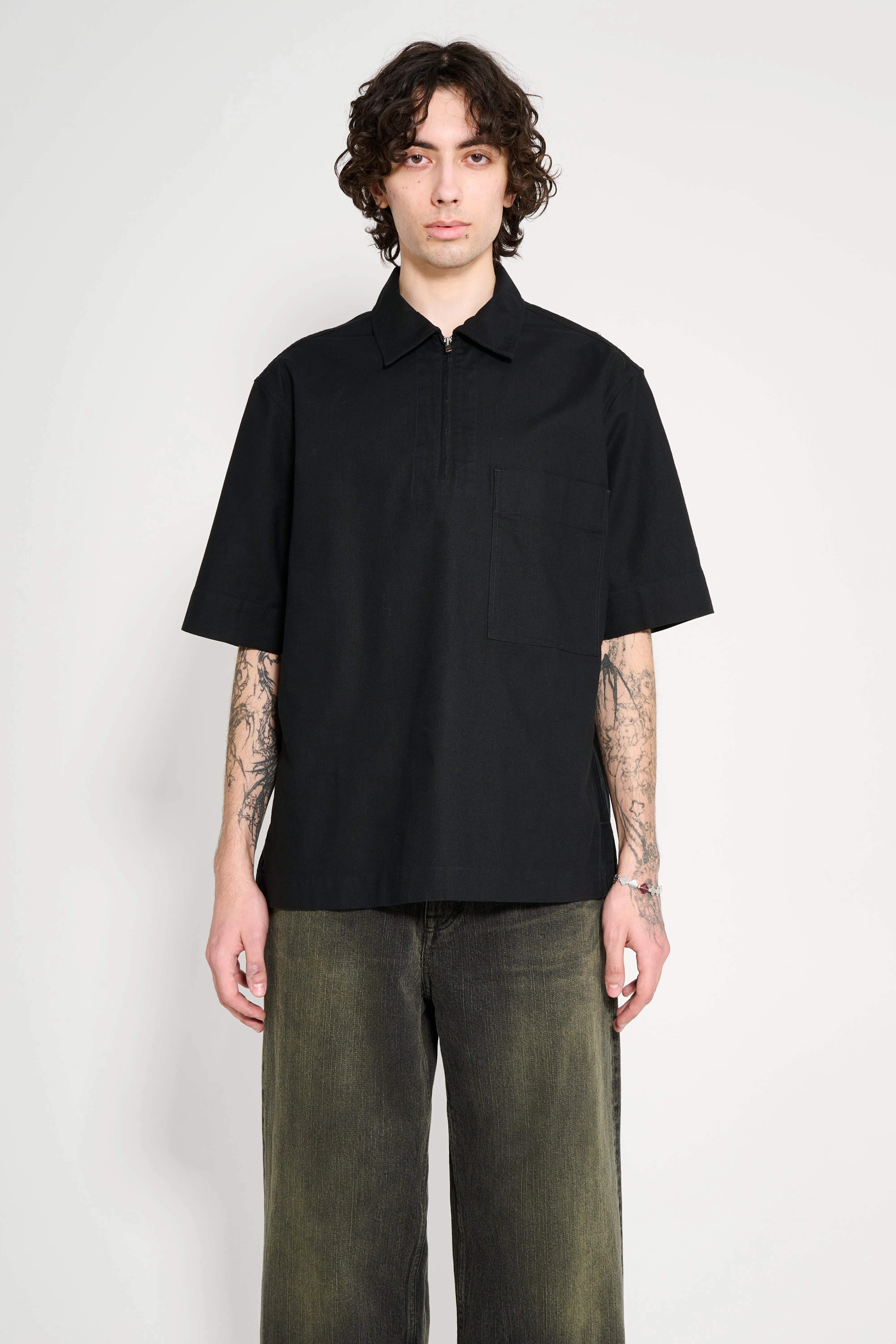 Margaret Howell MHL Half Zip Pull On Shirt Textured Cotton Black sold by Tres Bien