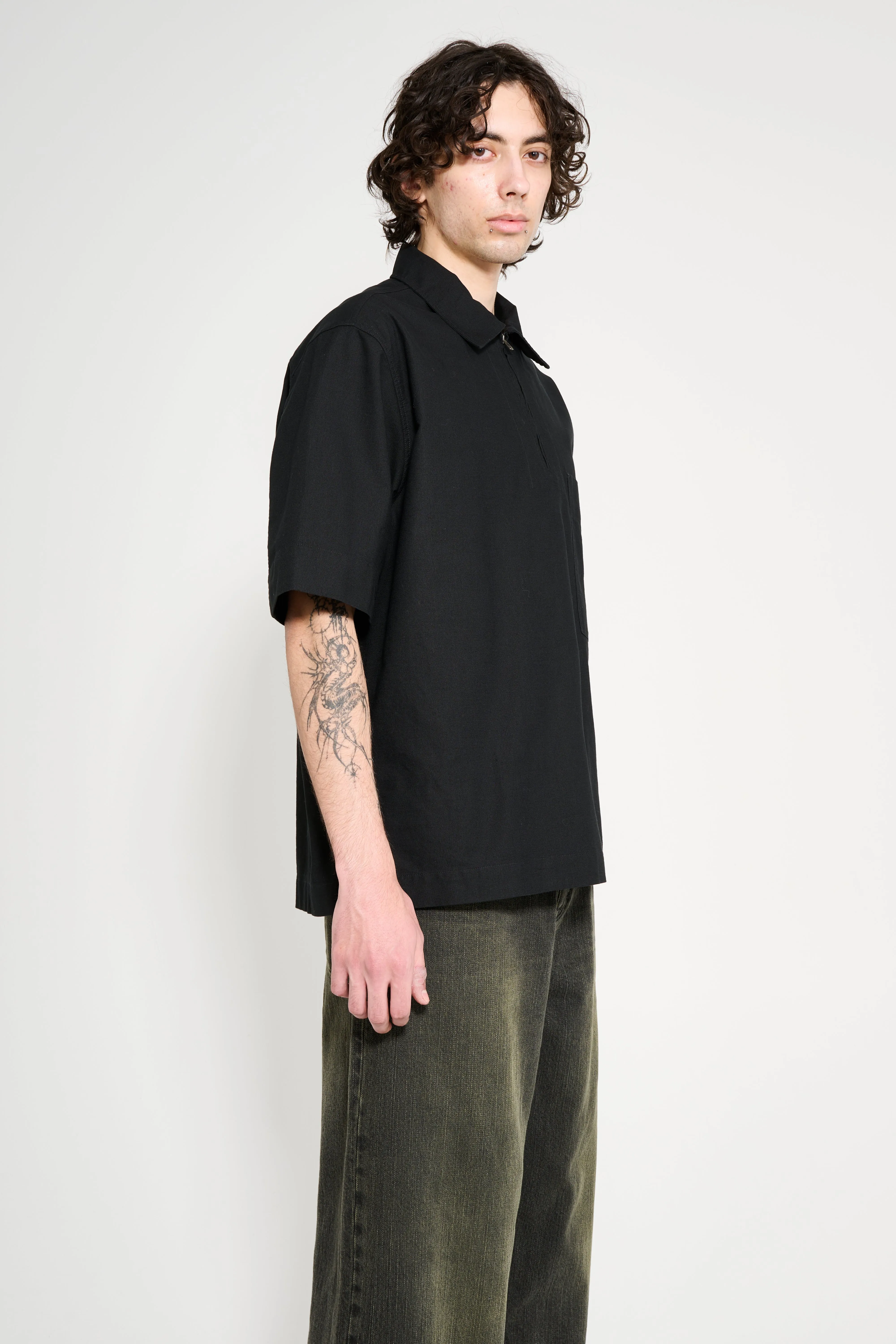 Margaret Howell MHL Half Zip Pull On Shirt Textured Cotton Black sold by Tres Bien product image thumbnail 3