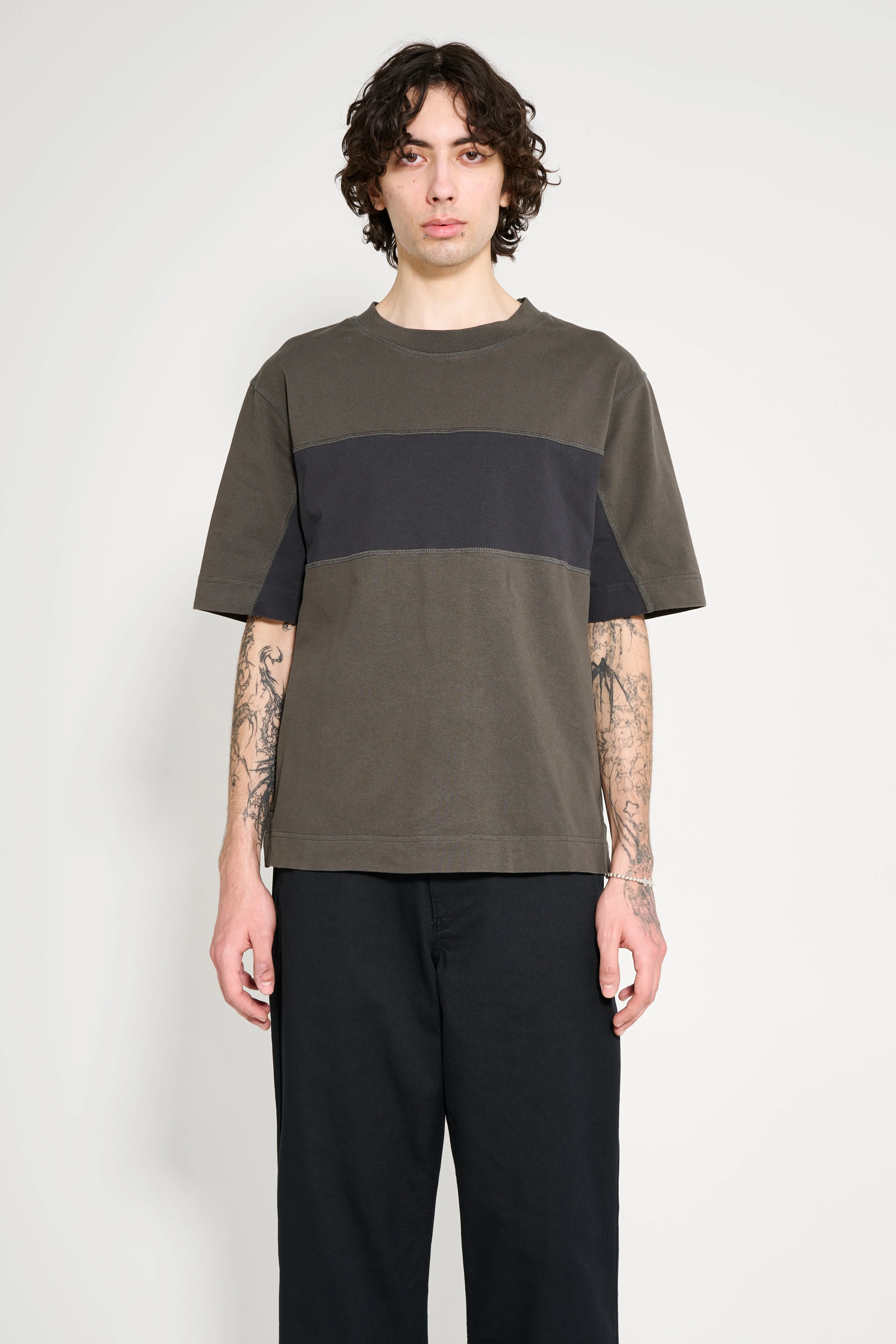 Margaret Howell MHL Panel T-Shirt Light Cotton Jersey Assam / Black sold by Tres Bien