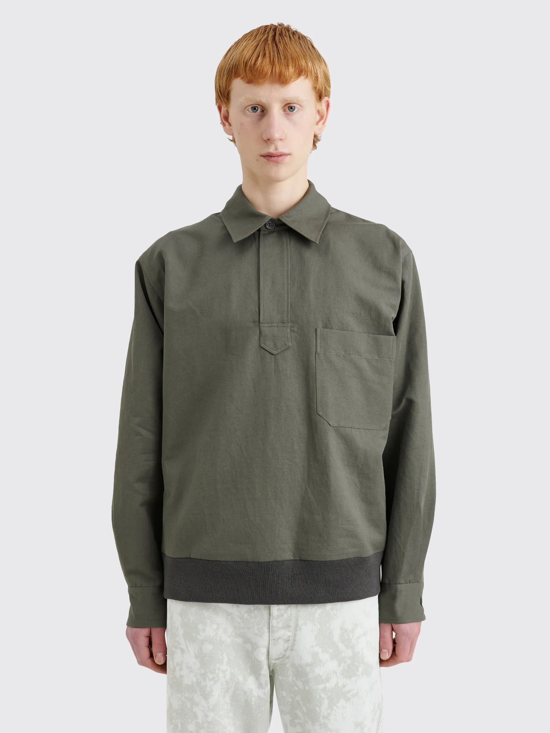 Margaret Howell Pull Over Shirt Light Cotton Linen Twill Grey Green sold by Tres Bien