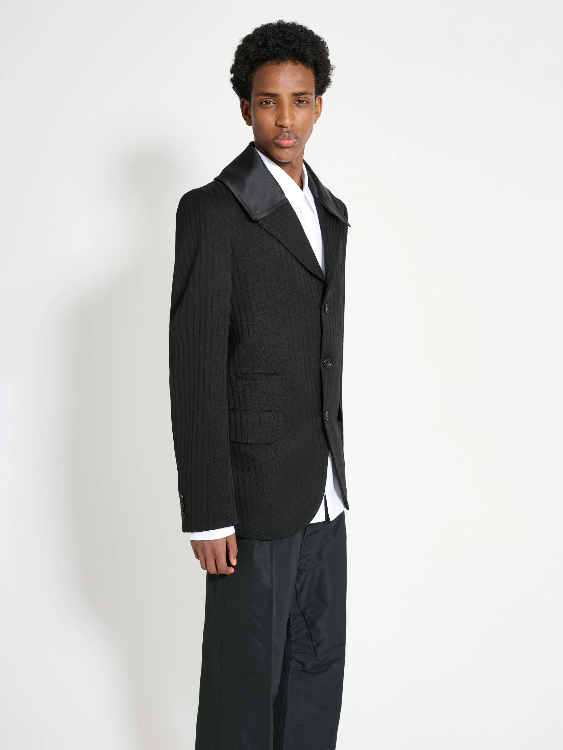 Comme des Garçons Homme Plus Contrast Lapel Jacket Wool Dobby Stripe Black sold by Tres Bien product image thumbnail 2