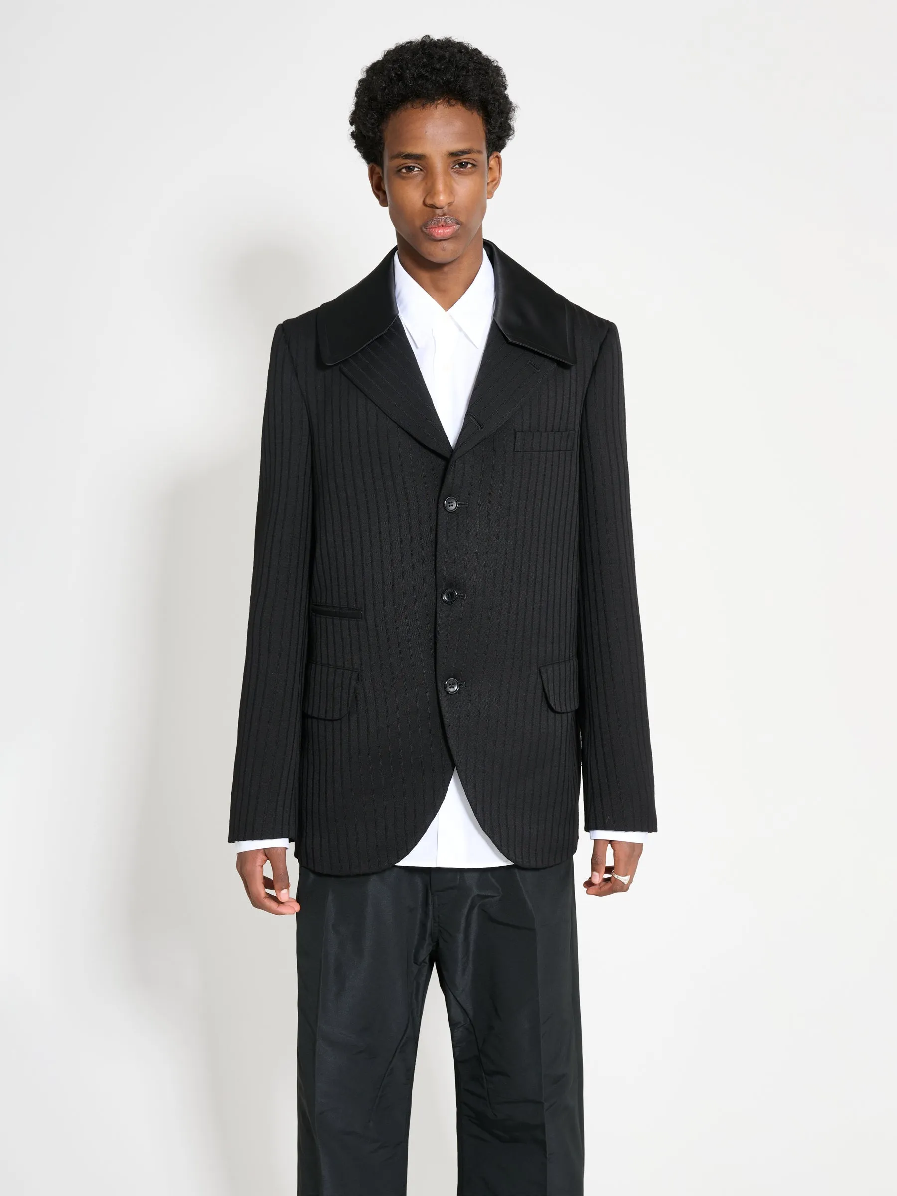 Comme des Garçons Homme Plus Contrast Lapel Jacket Wool Dobby Stripe Black sold by Tres Bien