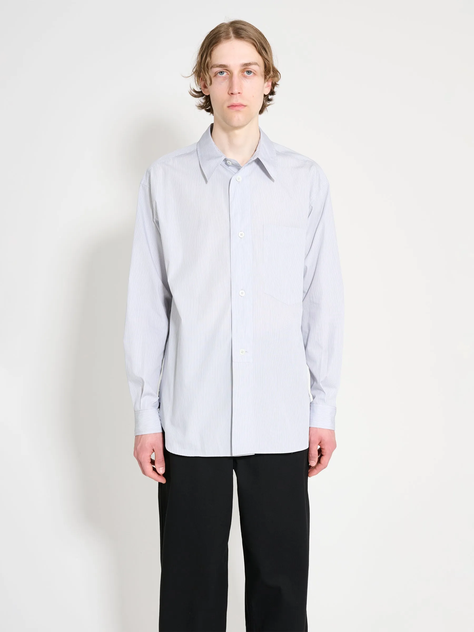 Margaret Howell Half Placket Shirt Fine Stripe Cotton Poplin Grey / White sold by Tres Bien