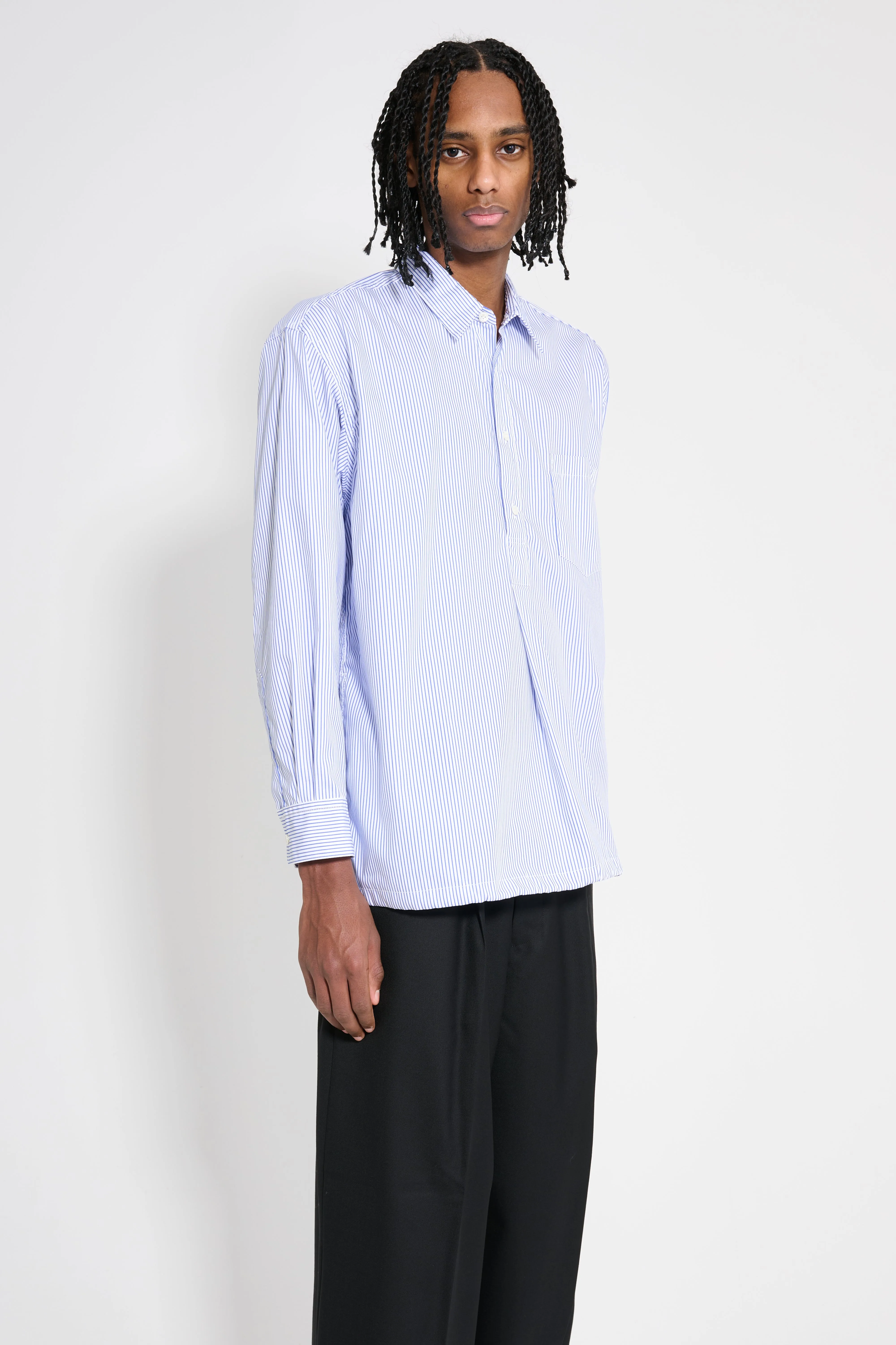 Comme des Garçons Homme Cotton Stripe Half Button Up Shirt Blue / White sold by Tres Bien product image thumbnail 3