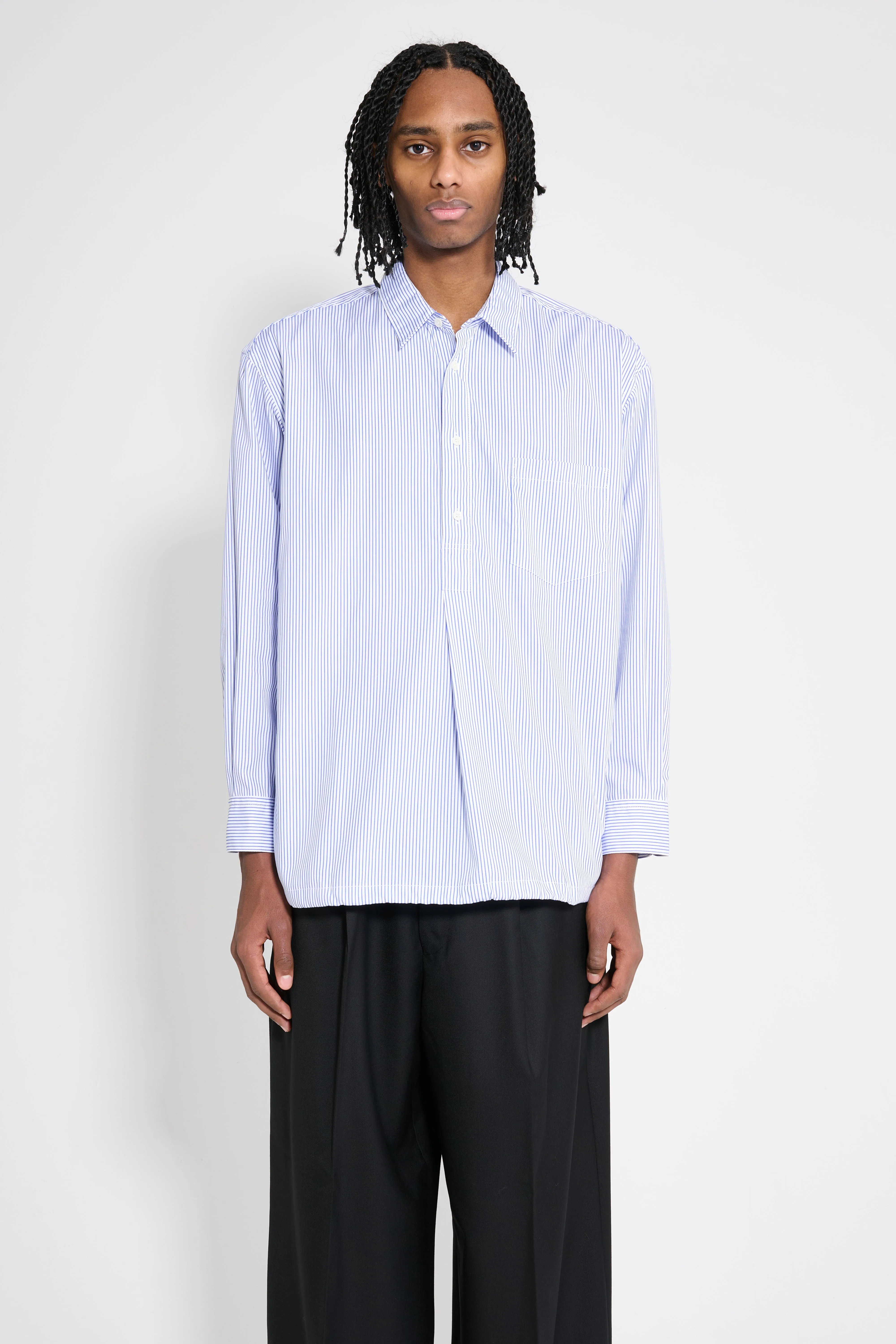 Comme des Garçons Homme Cotton Stripe Half Button Up Shirt Blue / White sold by Tres Bien