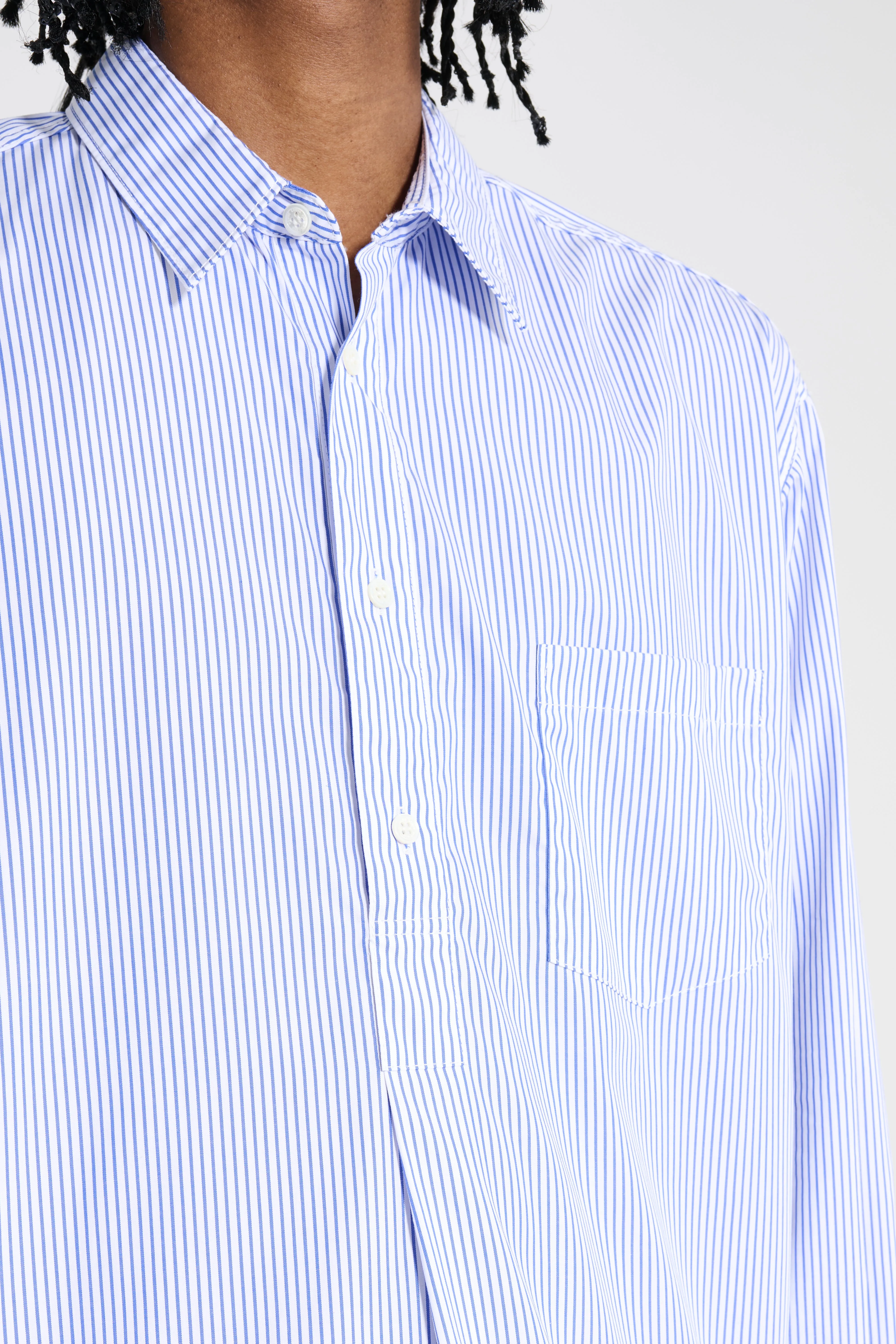 Comme des Garçons Homme Cotton Stripe Half Button Up Shirt Blue / White sold by Tres Bien product image thumbnail 5