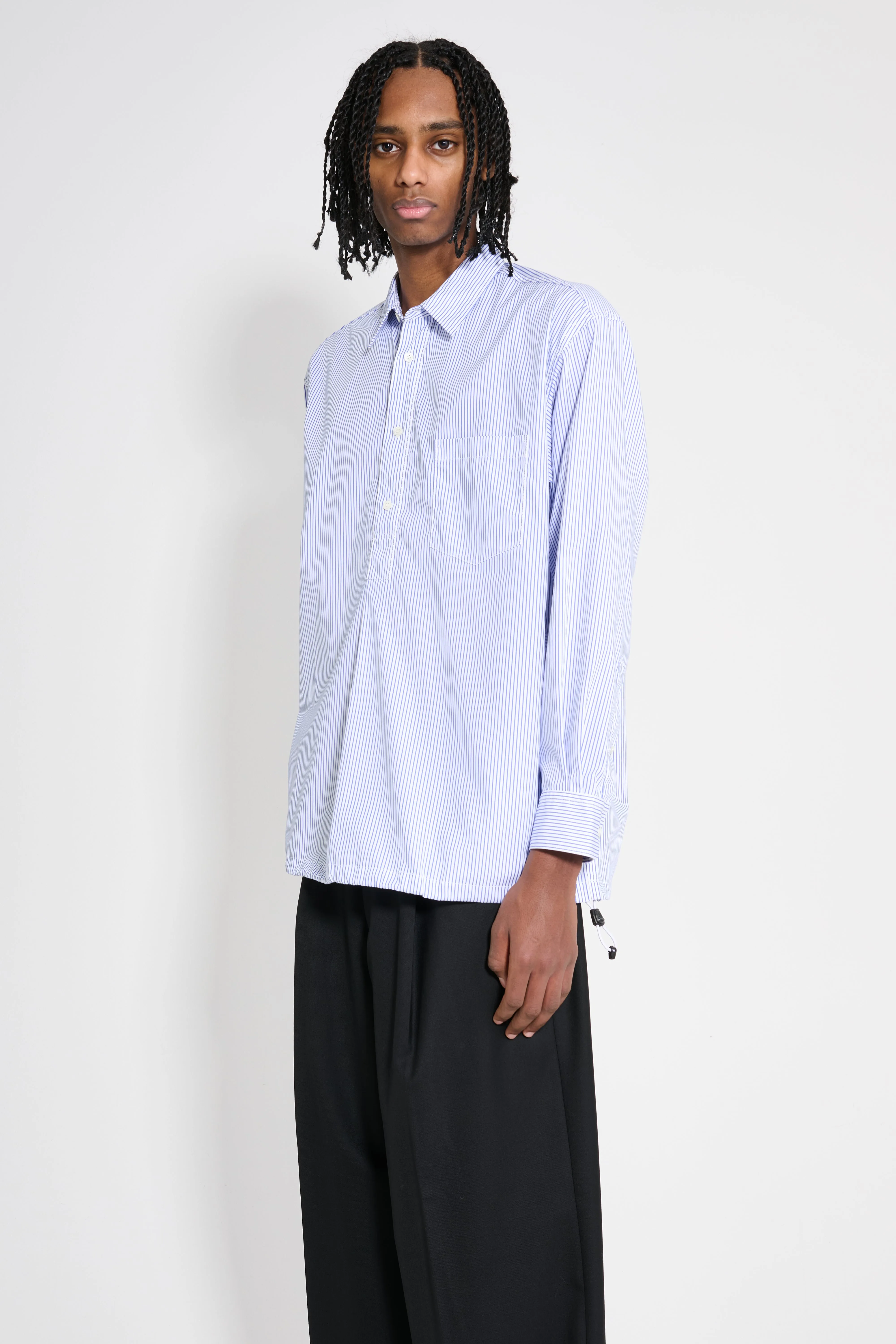 Comme des Garçons Homme Cotton Stripe Half Button Up Shirt Blue / White sold by Tres Bien product image thumbnail 2