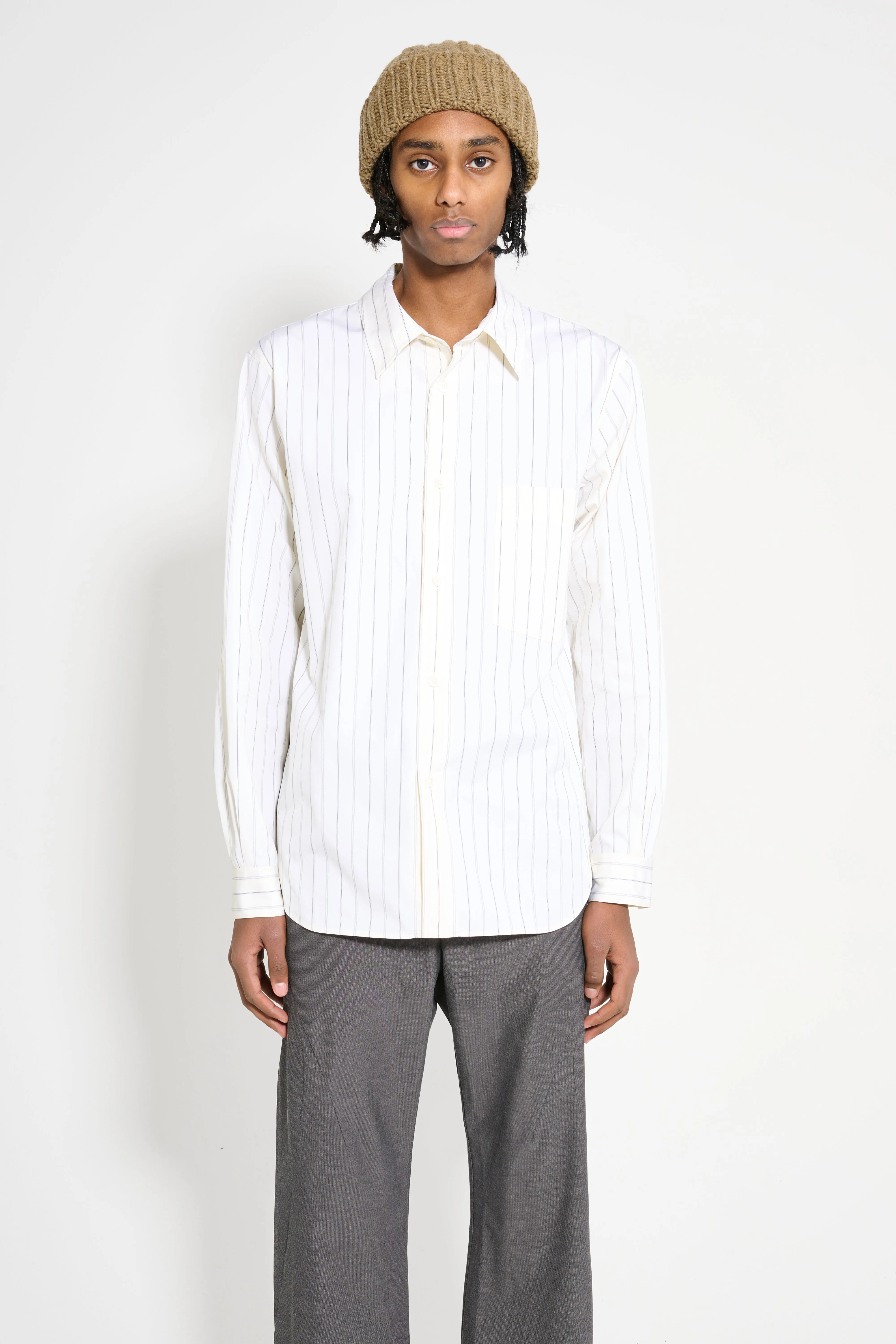 Margaret Howell Basic Shirt Wide Spaced Cotton Stripe Off White / Black sold by Tres Bien