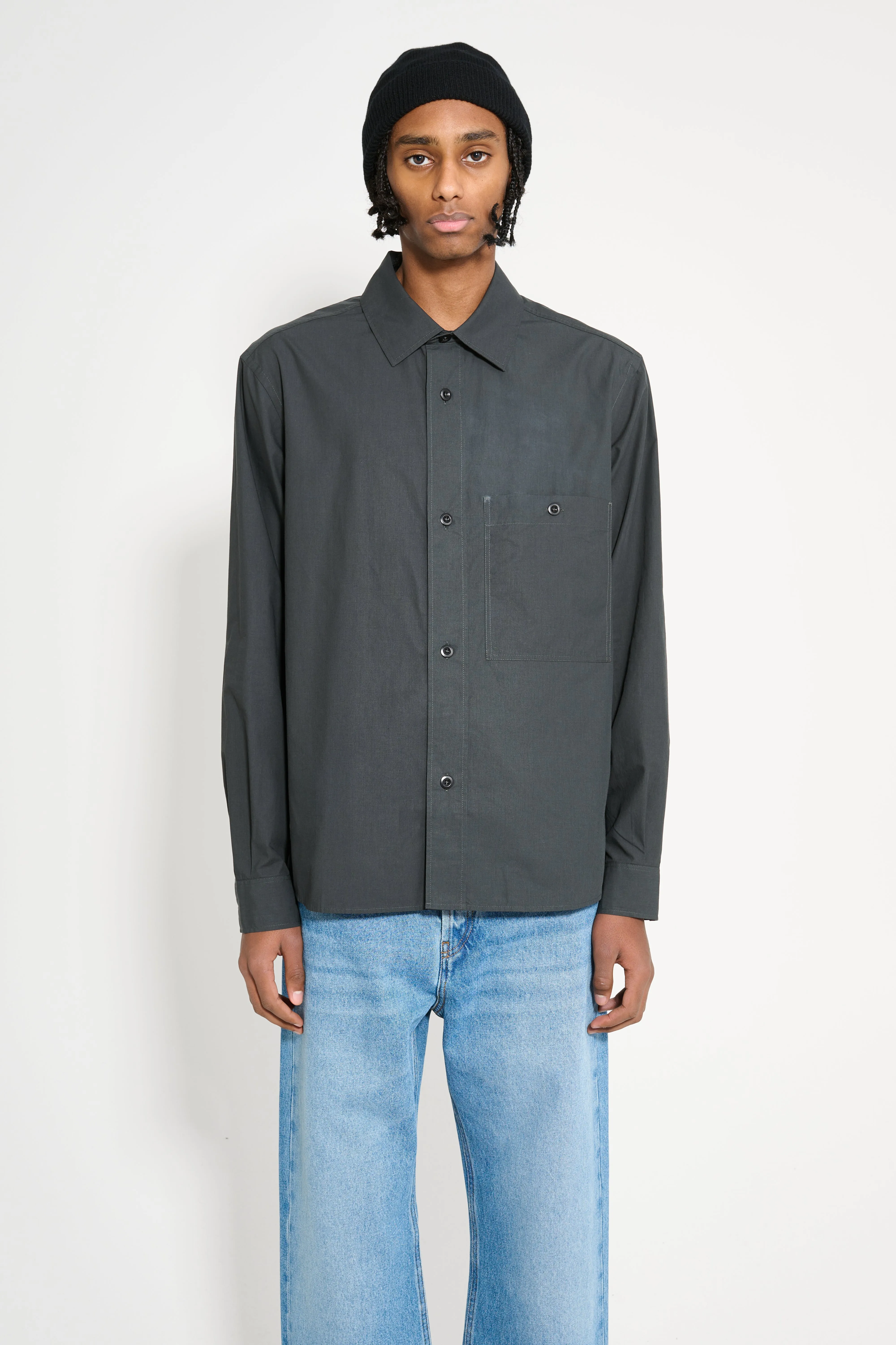 Margaret Howell MHL Overall Shirt Light Cotton Lyocell Asphalt sold by Tres Bien