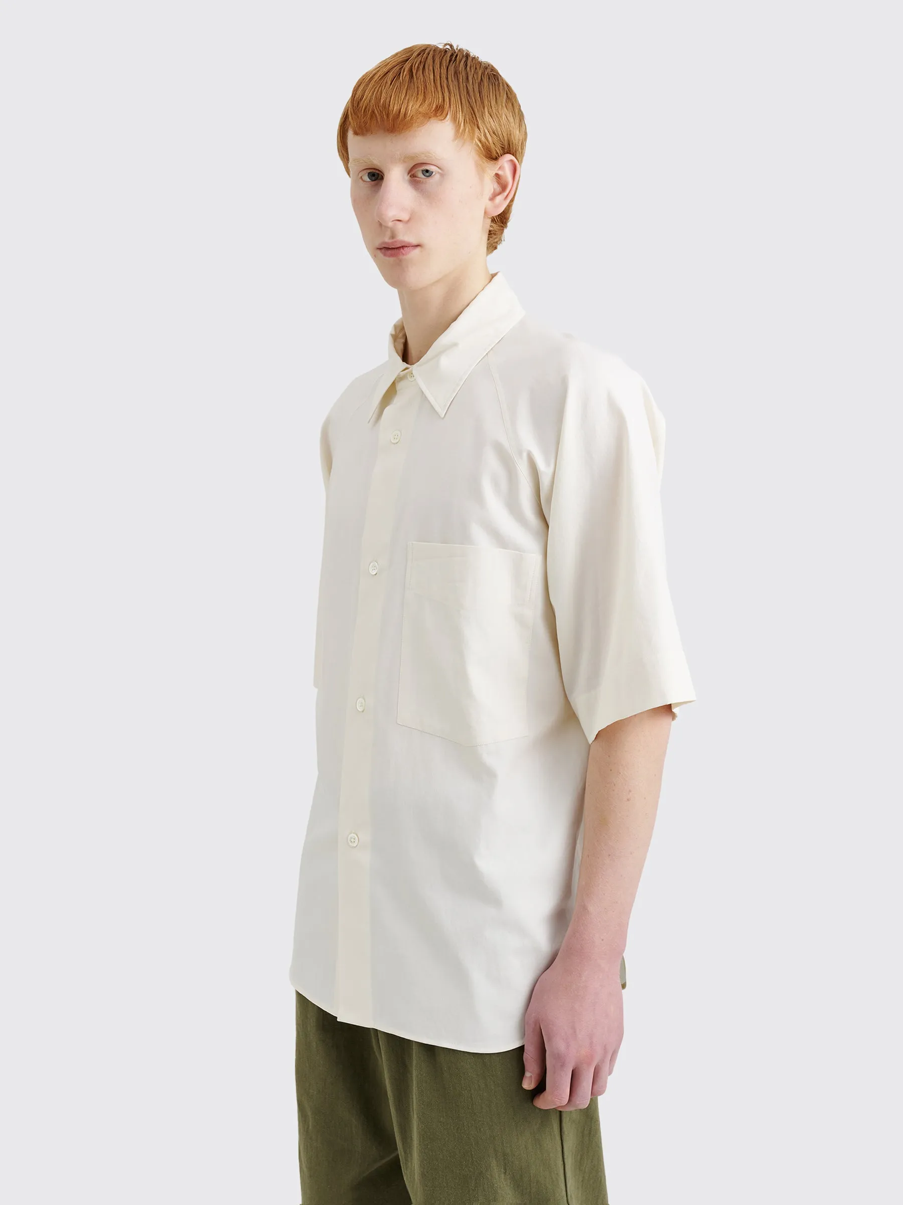Margaret Howell Short Sleeve Raglan Shirt Light Cotton Twill Off White sold by Tres Bien product image thumbnail 2