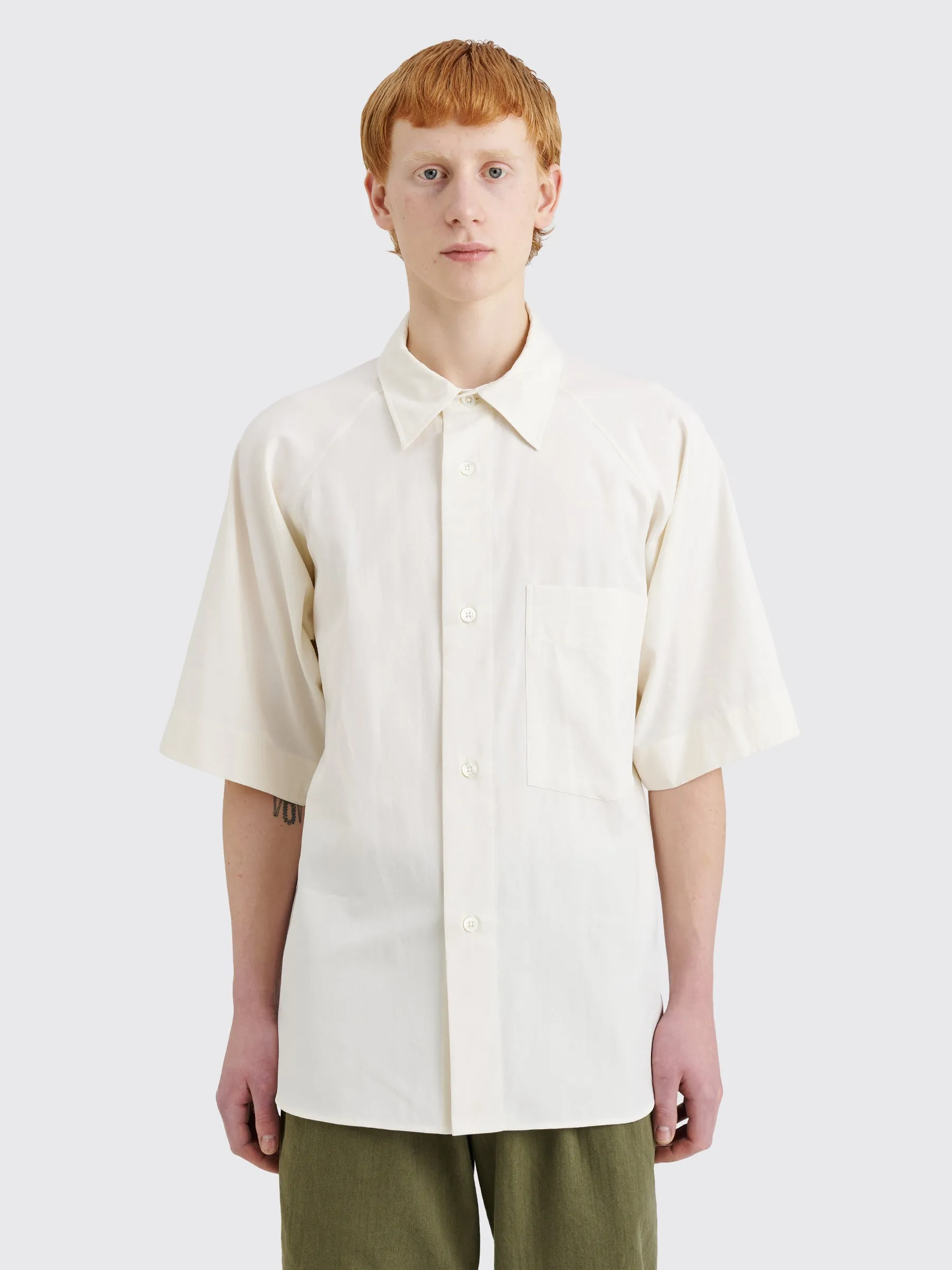 Margaret Howell Short Sleeve Raglan Shirt Light Cotton Twill Off White sold by Tres Bien