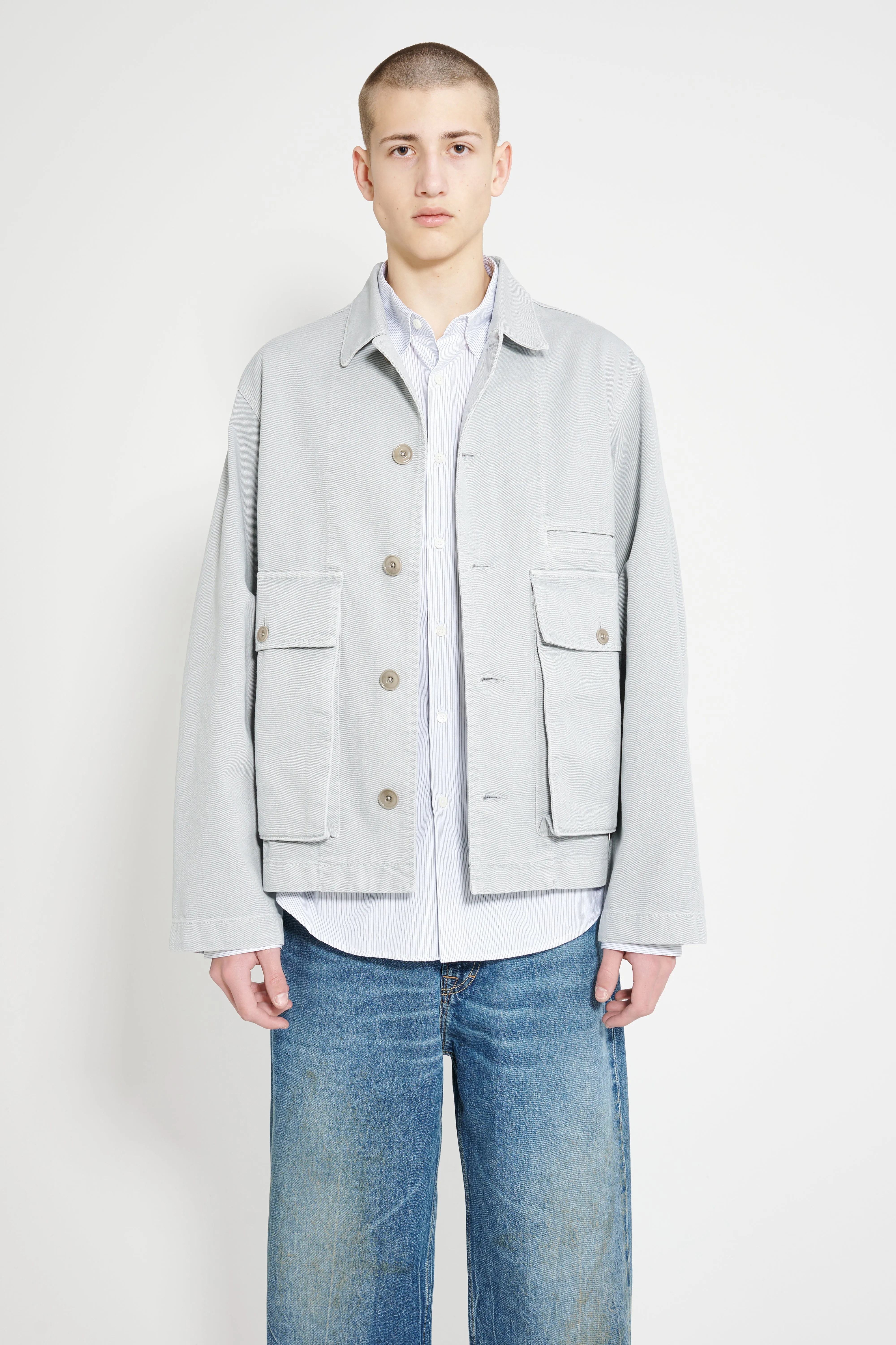 Lemaire Boxy Jacket GD Snow Heavy Denim Blue Grey sold by Tres Bien