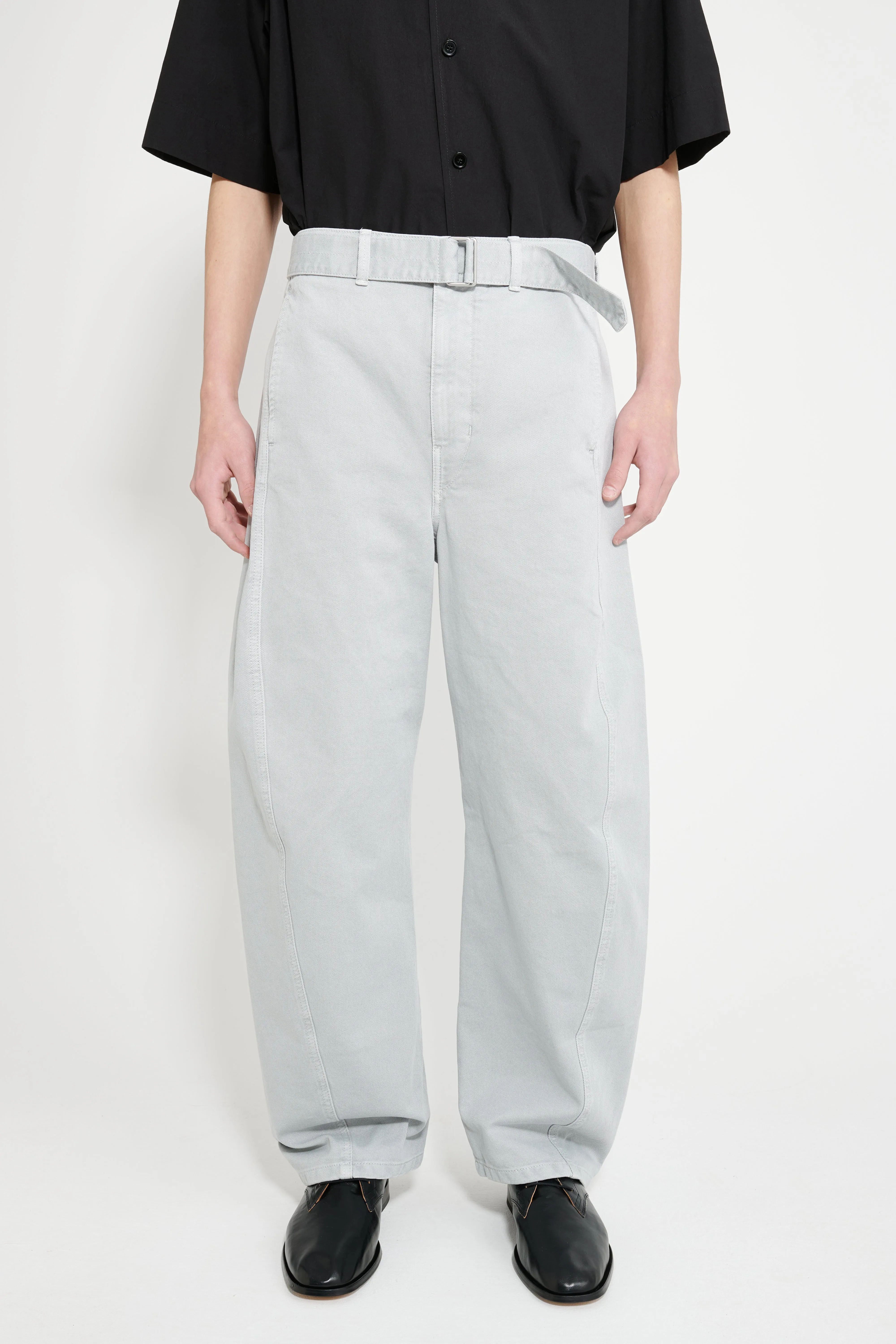Lemaire Twisted Belted Pants GD Snow Heavy Denim Blue Grey sold by Tres Bien