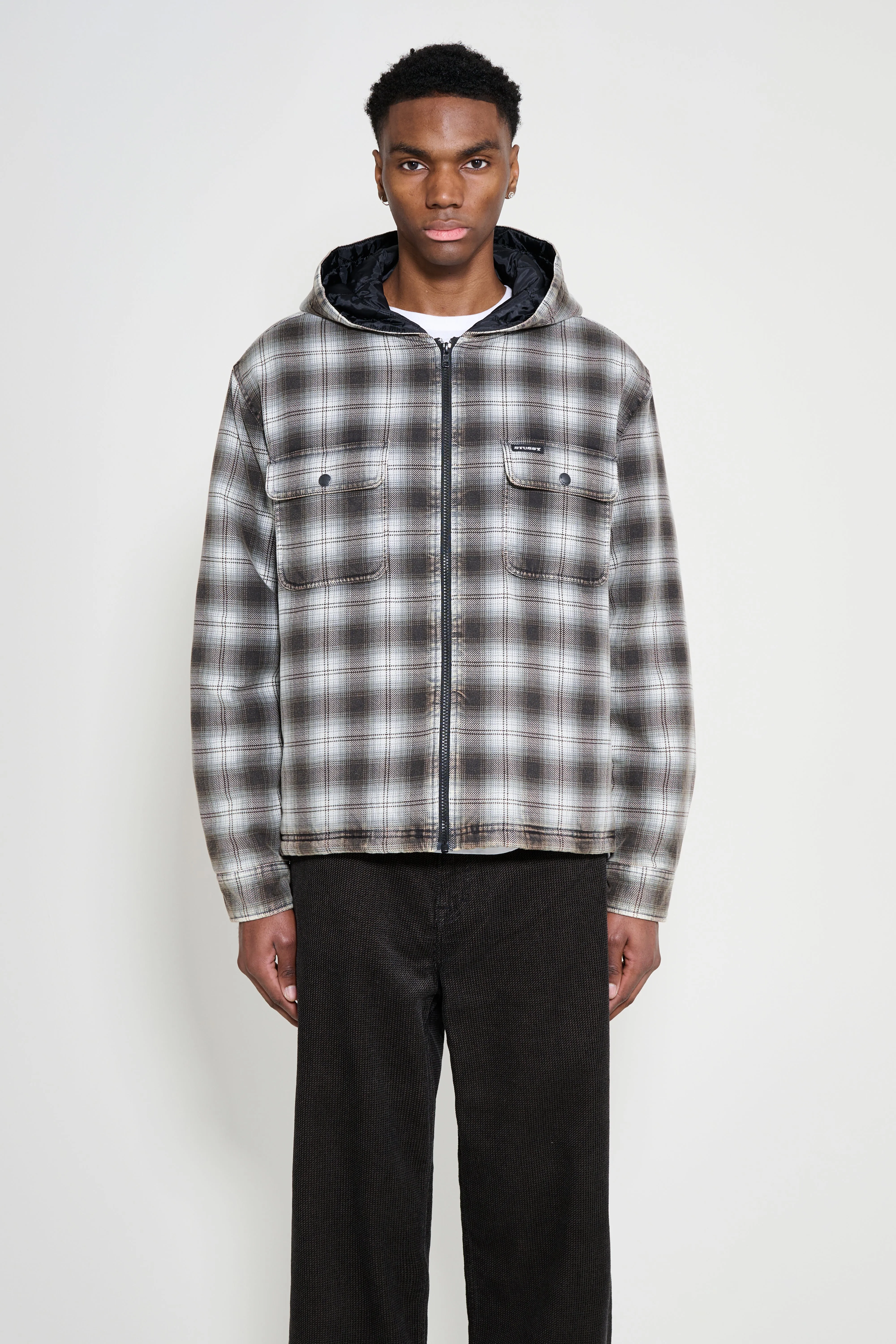 Stüssy Zip Hooded Plaid Shirt Charcoal sold by Tres Bien