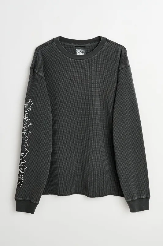 Death Rites Script Sleeve Waffle Knit Crewneck Top Black Garment Dye made by Tres Bien