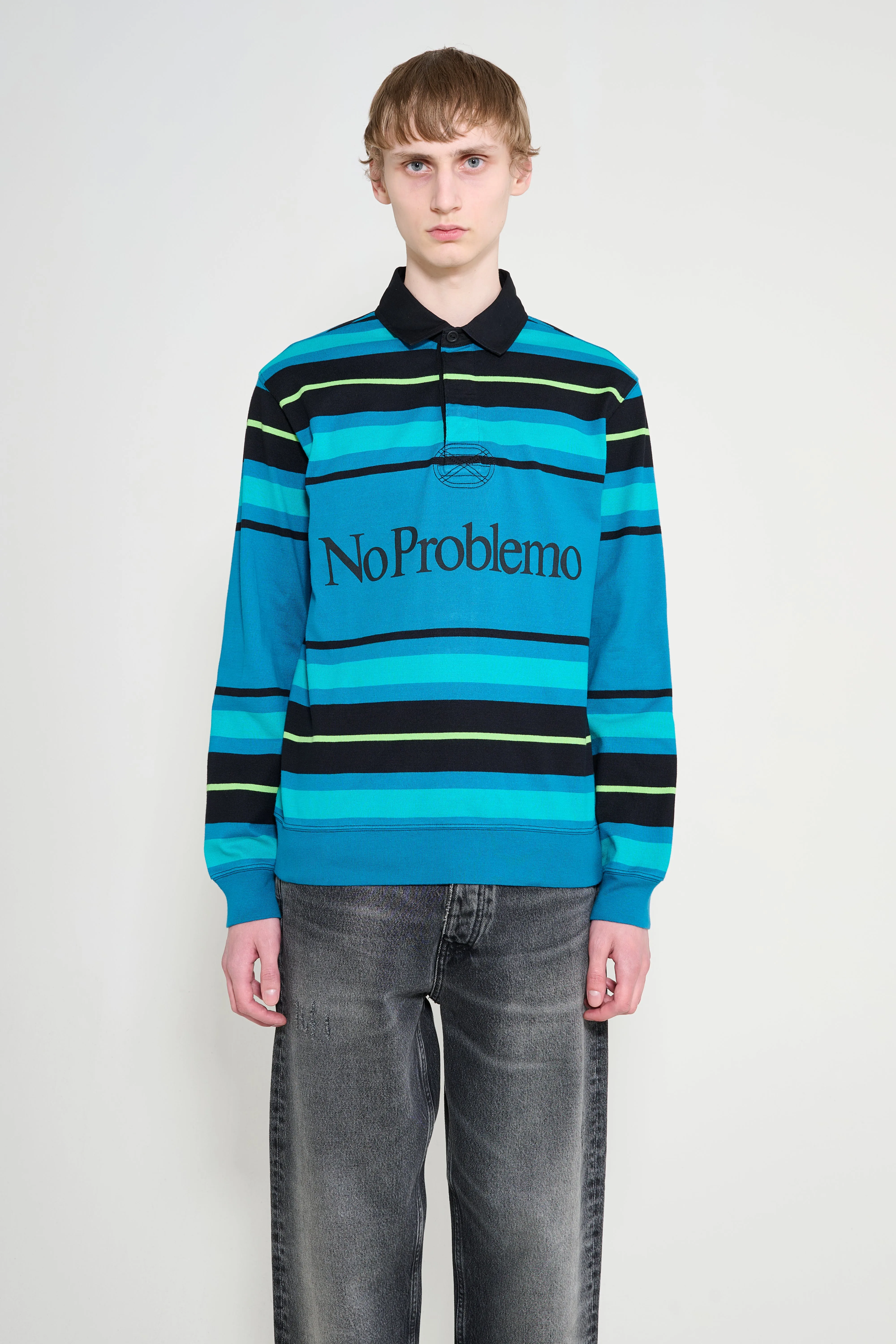 No Problemo Striped Long Sleeve Rugby Shirt Aqua sold by Tres Bien