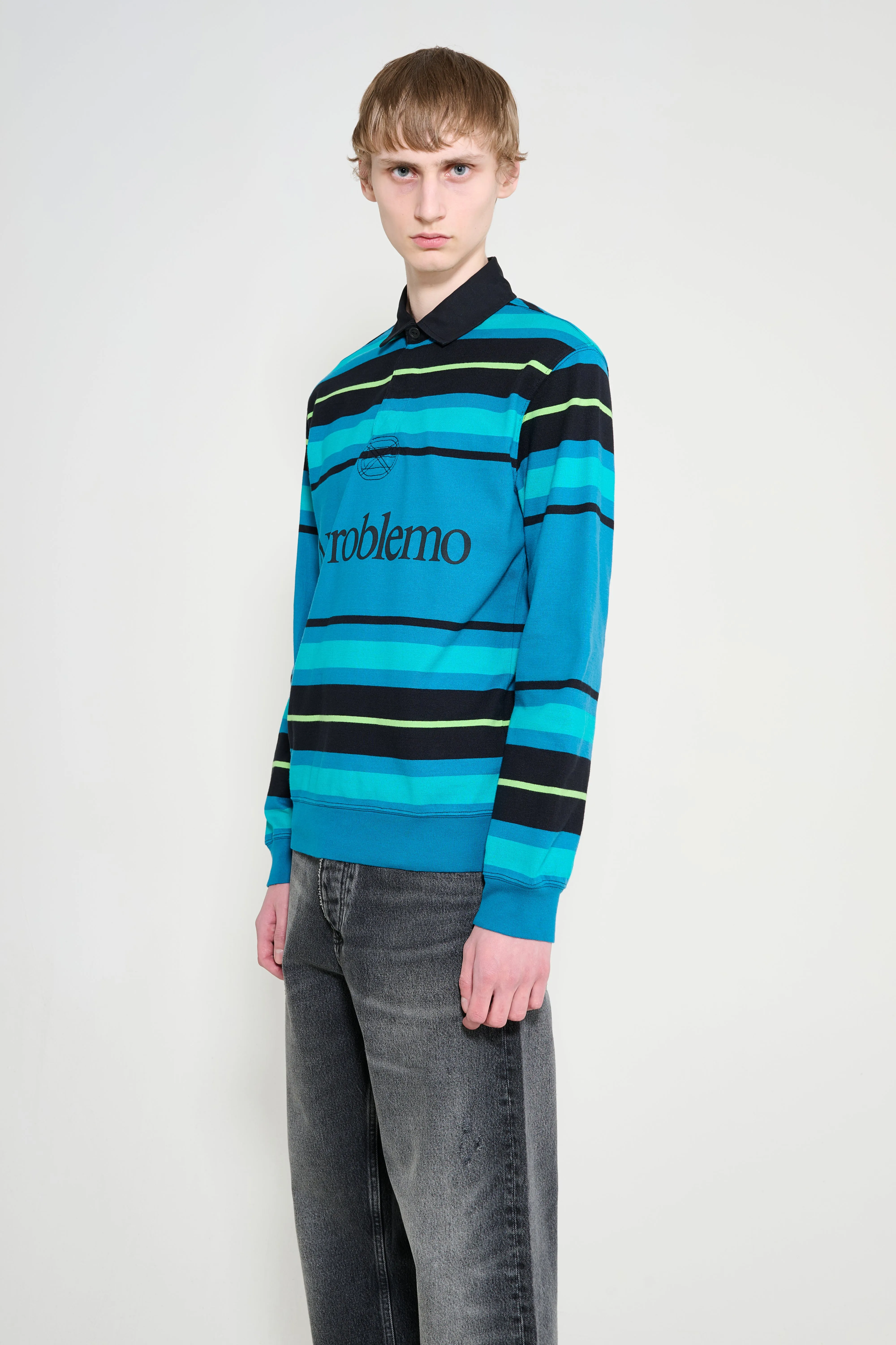 No Problemo Striped Long Sleeve Rugby Shirt Aqua sold by Tres Bien product image thumbnail 2