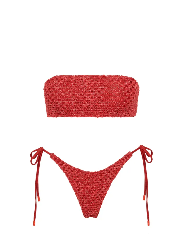 KAYA - TAGE Red Sparkle Crochet Bandeau Bikini Set sold by triangl swimwear