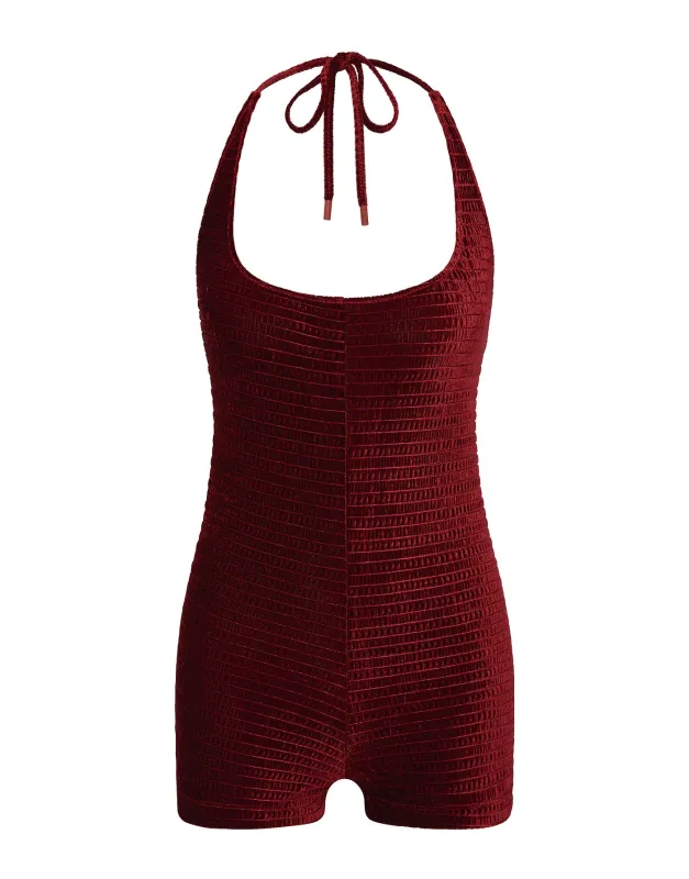 NURIA - RONI Burgundy  Velvet Playsuit sold by triangl swimwear