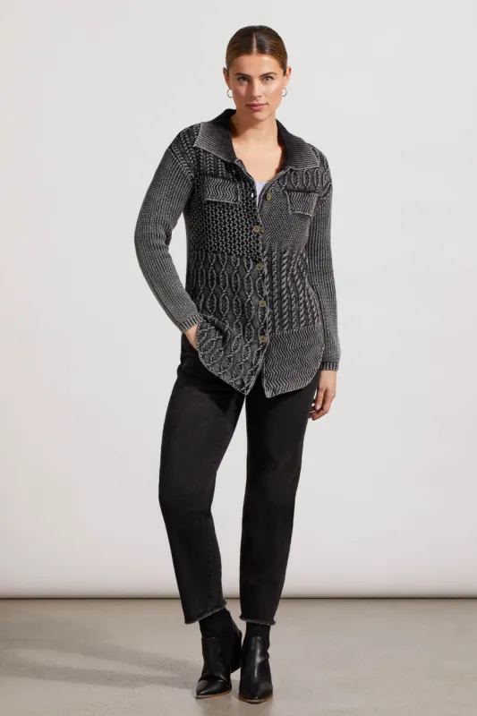 PATCHWORK KNIT SHACKET WITH CONTRAST BUTTONS-Black sold by Tribal