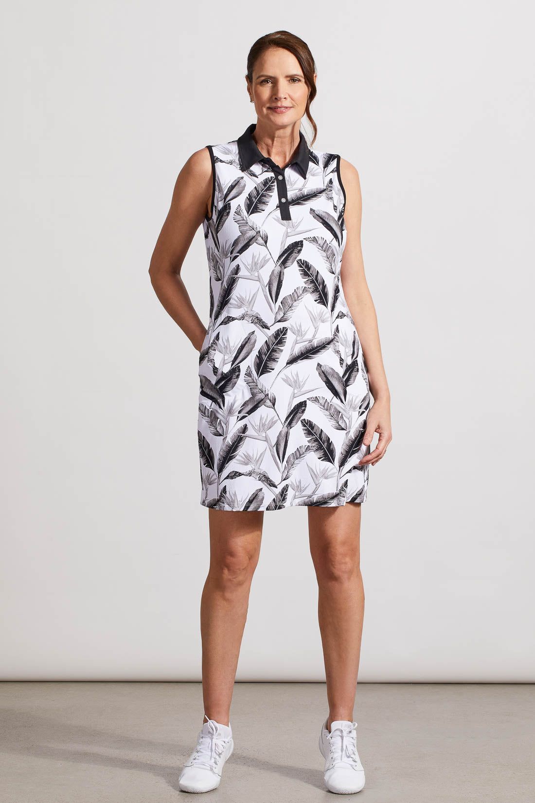 PRINTED POLO DRESS WITH BUILT-IN SHORTS-Black leaf sold by Tribal