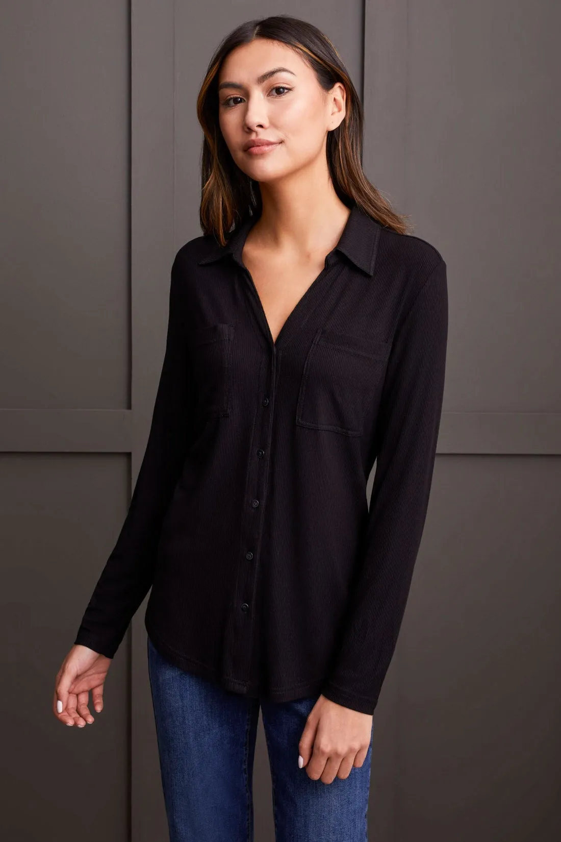SOFT TOUCH MINI RIB BUTTON-UP SHIRT-Black sold by Tribal