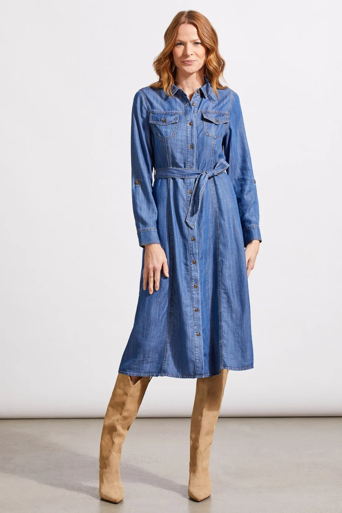 Button-Up Tencel Midi Dress With Roll-Up Sleeves-Blue Jay sold by Tribal