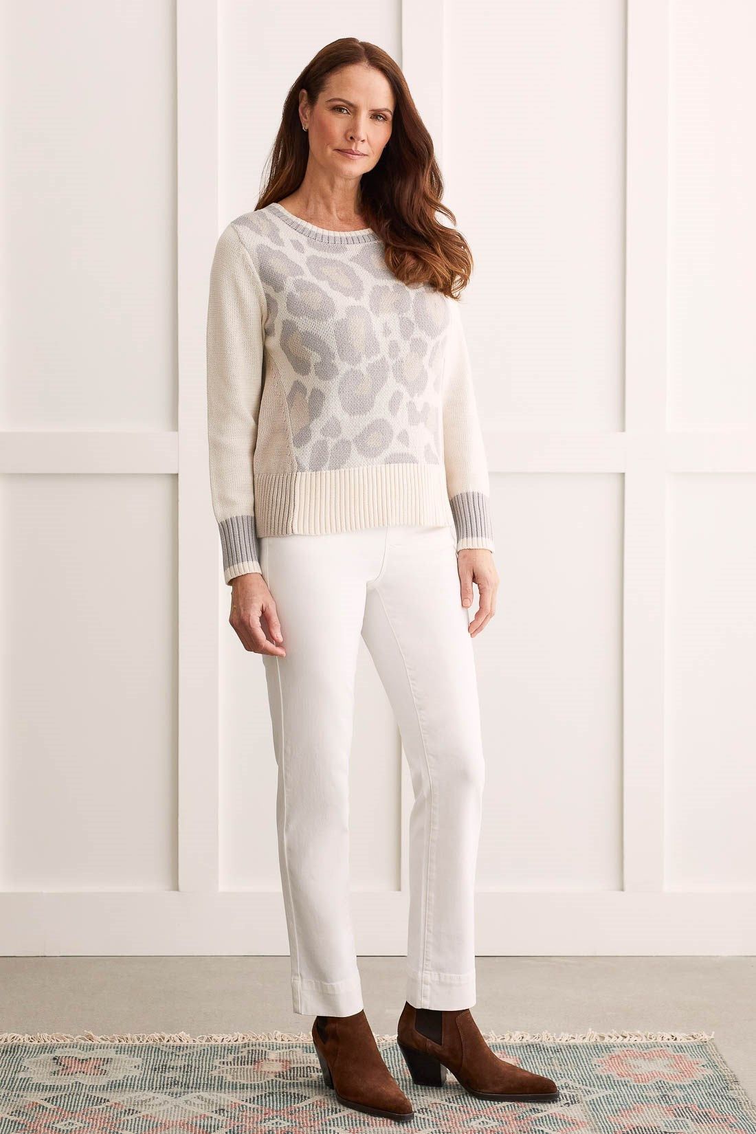 LEOPARD PRINT COLOR BLOCK CREW NECK SWEATER-Oyster sold by Tribal product image thumbnail 2