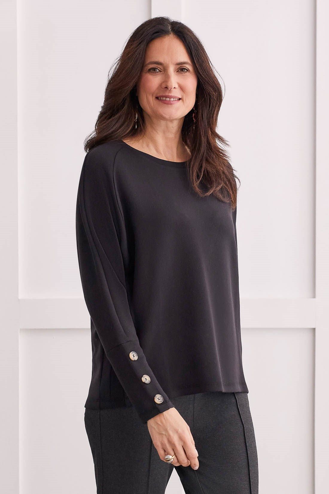 SCUBA KNIT RAGLAN TOP WITH BUTTONS-Black sold by Tribal product image thumbnail 2
