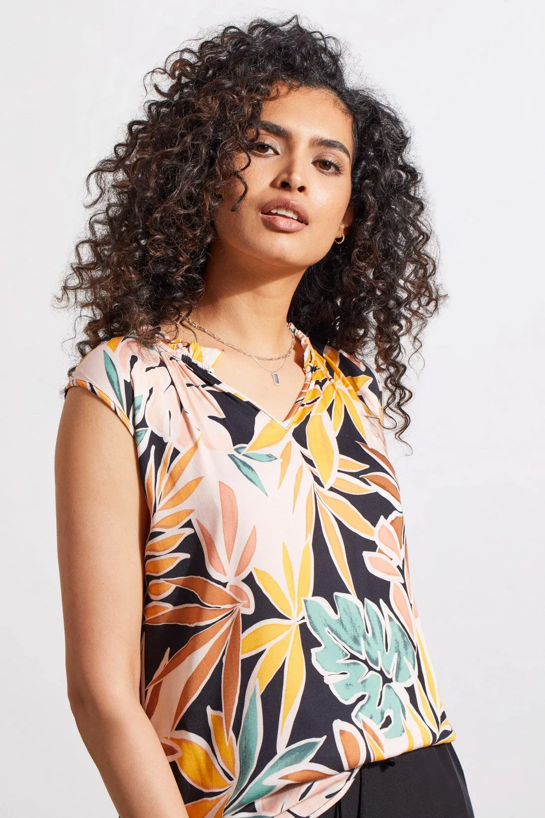 RUFFLE NECK SLEEVELESS BLOUSE-Apricottan sold by Tribal