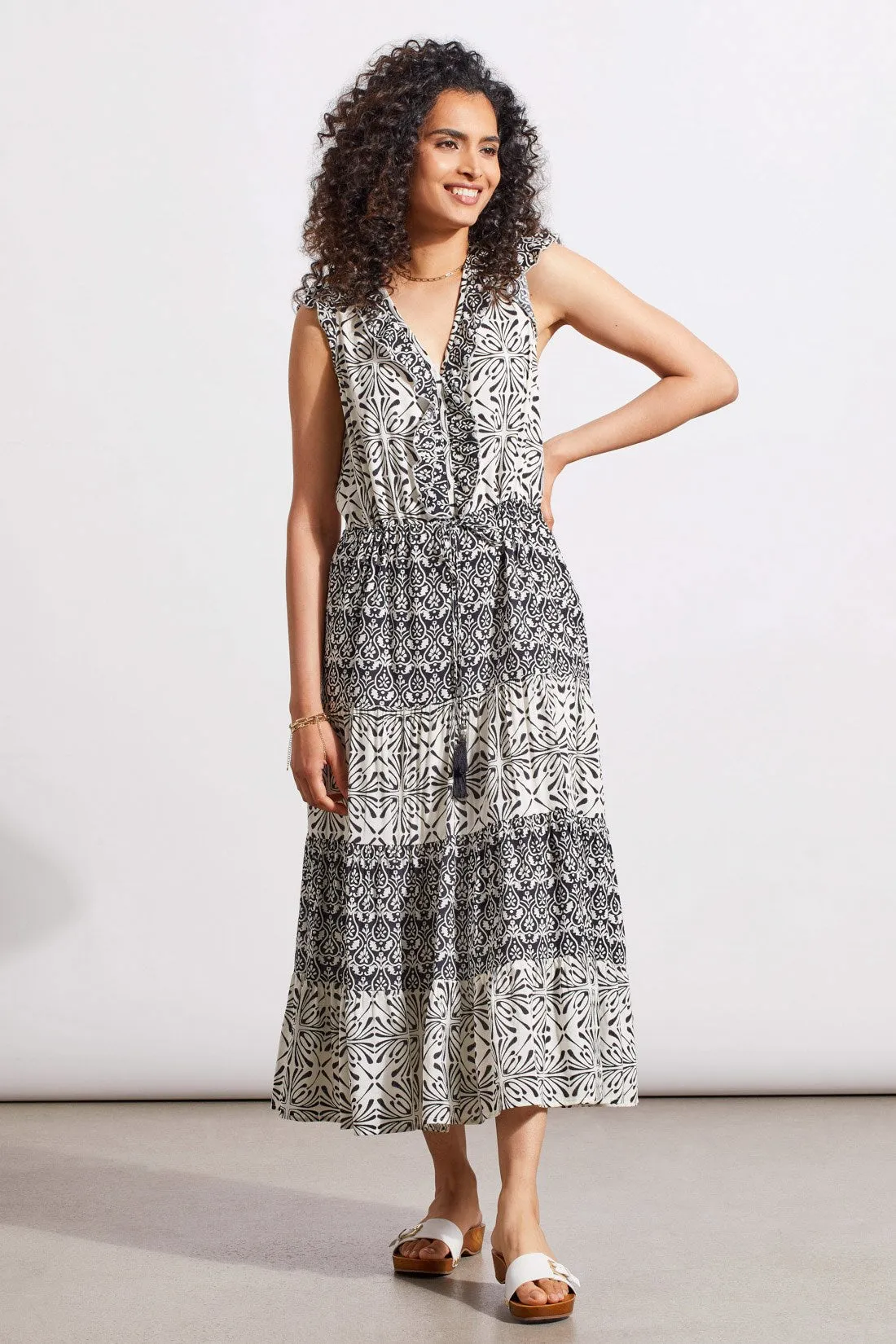 PRINTED V-NECK DRESS WITH DRAWCORD WAIST-Black sold by Tribal product image thumbnail 2