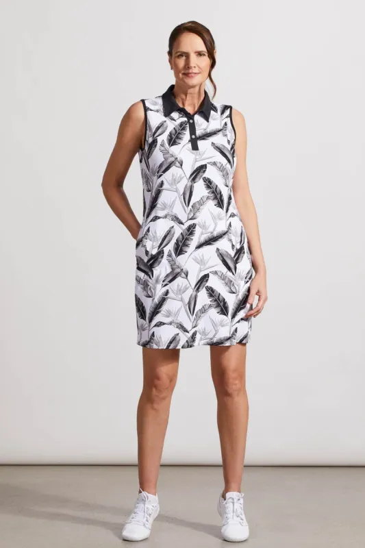PRINTED POLO DRESS WITH BUILT-IN SHORTS-Black leaf sold by Tribal
